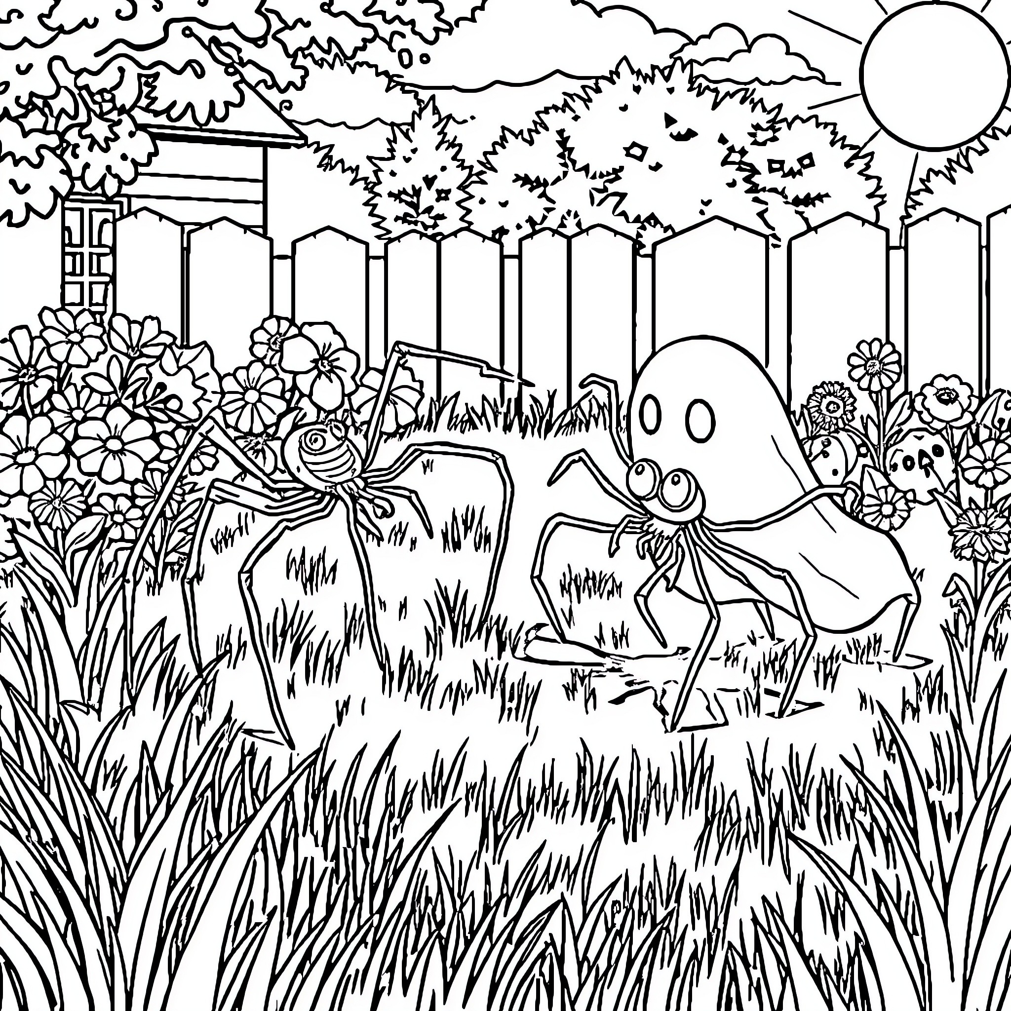 Spider-themed creatures in a whimsical garden scene Coloring Page (free black-and-white line drawing printable PDF for all, from beginners to advanced learners, including children, teens, adults, and seniors)