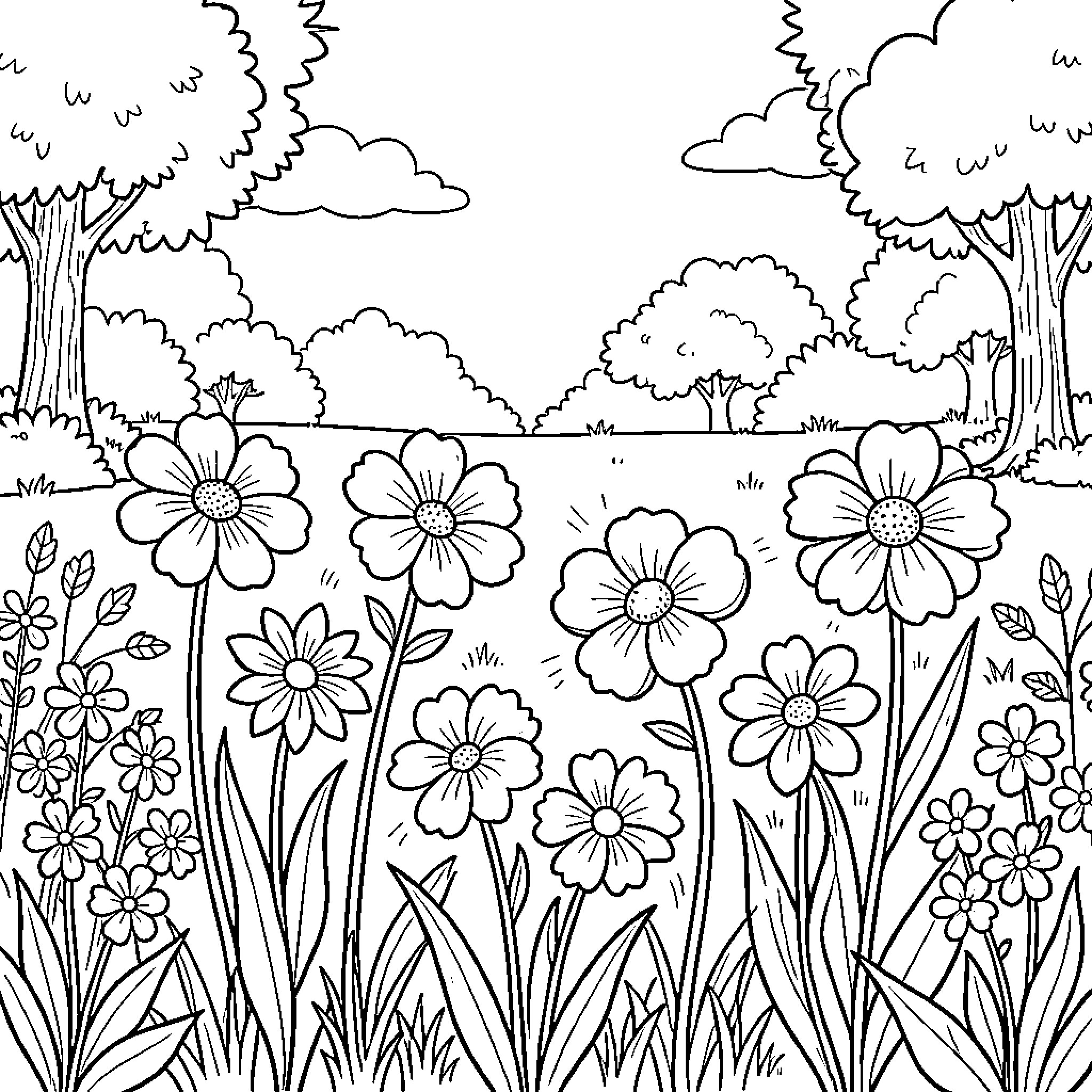 Flower Garden with Blooming Flowers Coloring Page (free black-and-white line drawing printable PDF for all, from beginners to advanced learners, including children, teens, adults, and seniors)