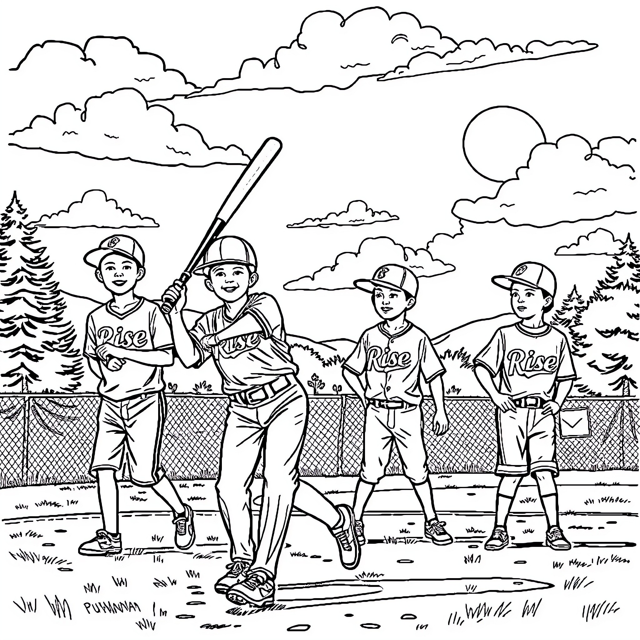 Baseball Players Posing on the Field Coloring Page (free black-and-white line drawing printable PDF for all, from beginners to advanced learners, including children, teens, adults, and seniors)