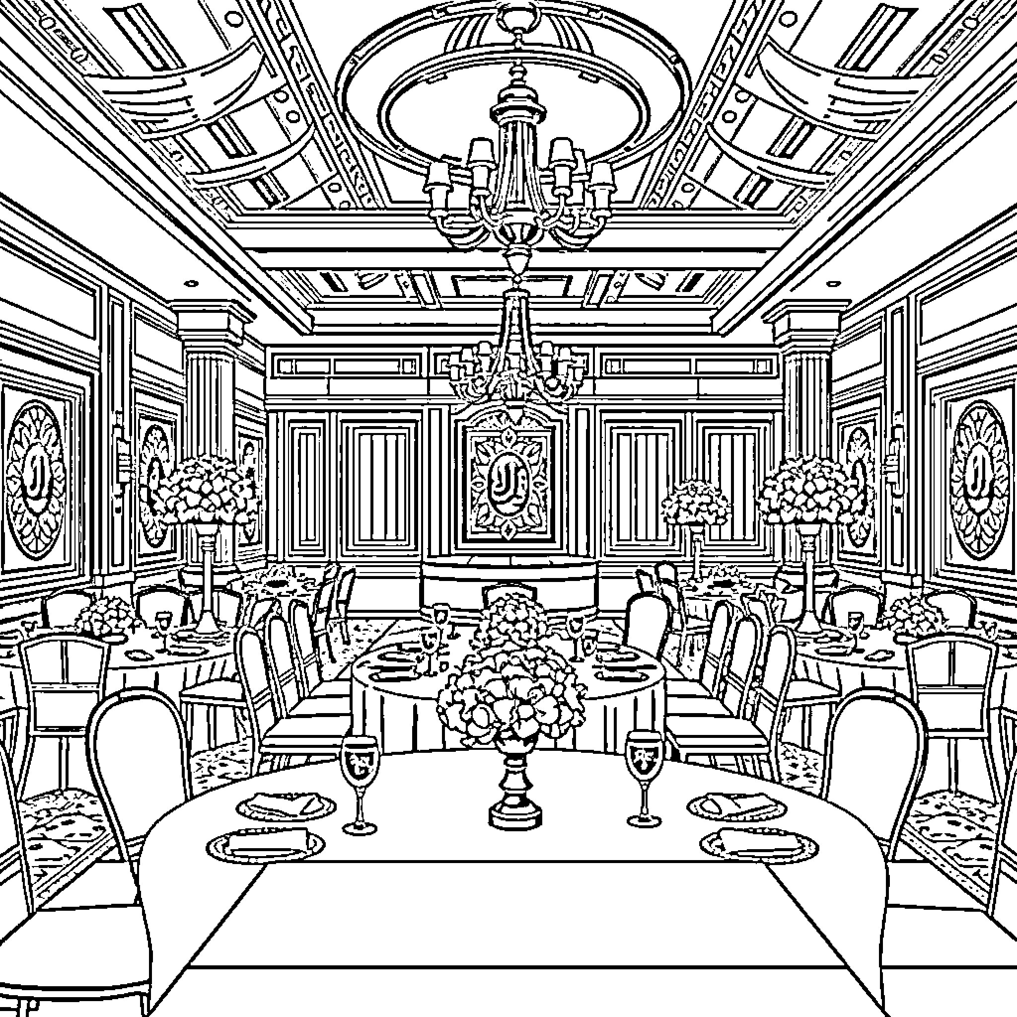 Carnation Formal Dining Scene with Elegant Chandelier Coloring Page (free black-and-white line drawing printable PDF for all, from beginners to advanced learners, including children, teens, adults, and seniors)