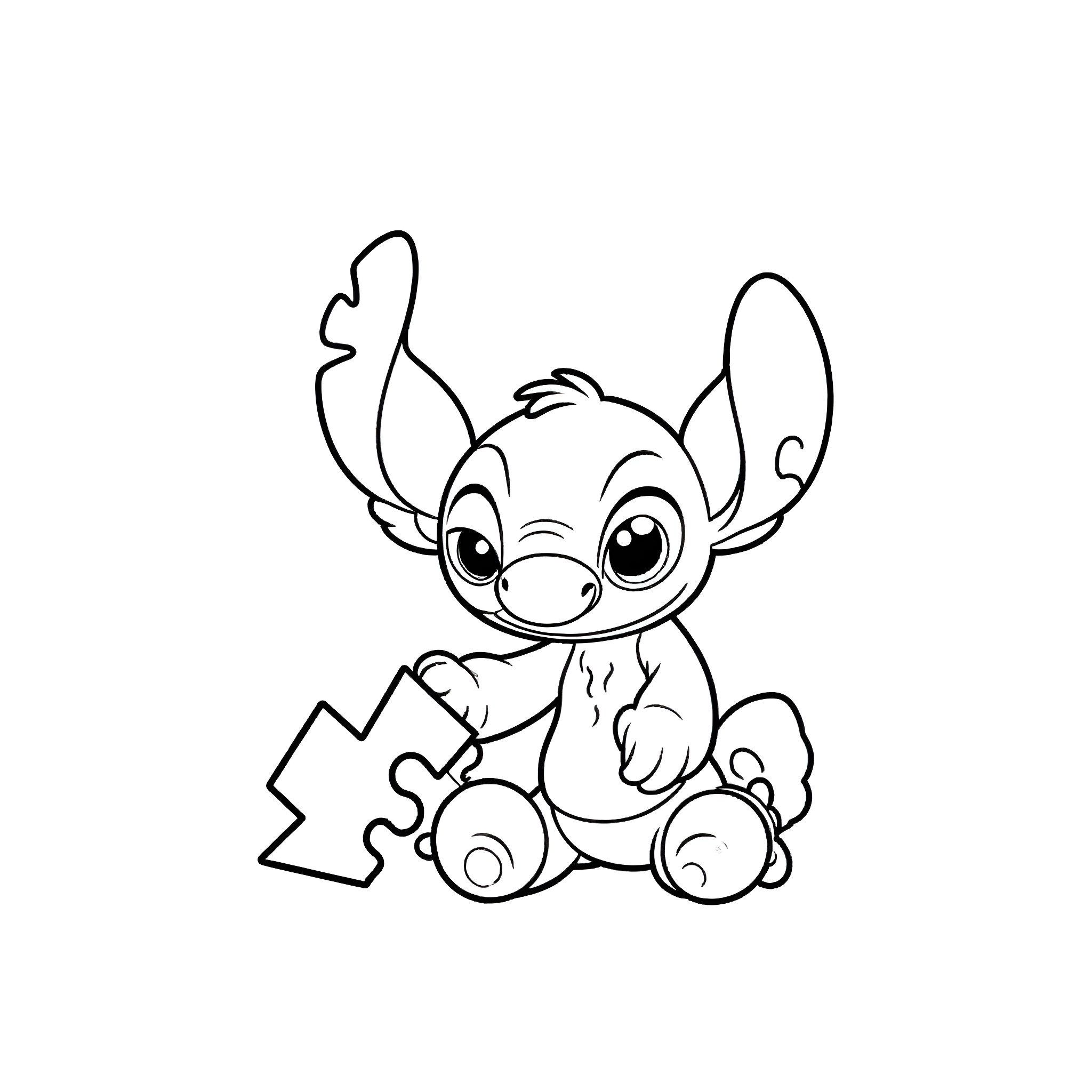 Stitch playing with a puzzle Coloring Page (free black-and-white line drawing printable PDF for all, from beginners to advanced learners, including children, teens, adults, and seniors)