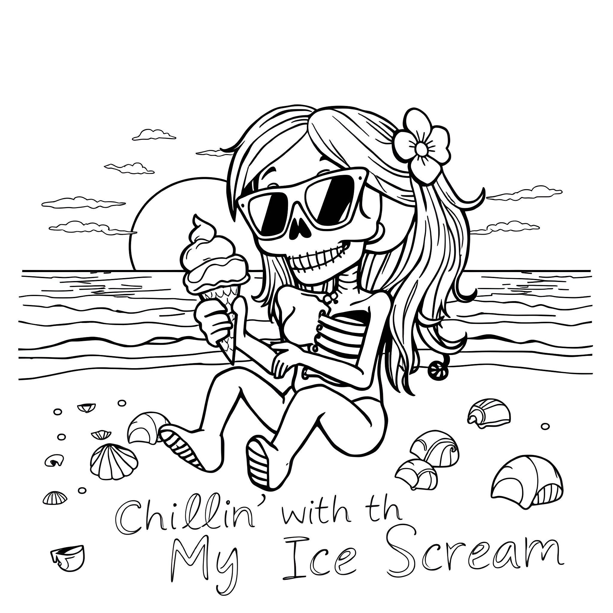 Goth Girl Chilling with My Ice Cream Coloring Page (free black-and-white line drawing printable PDF for all, from beginners to advanced learners, including children, teens, adults, and seniors)