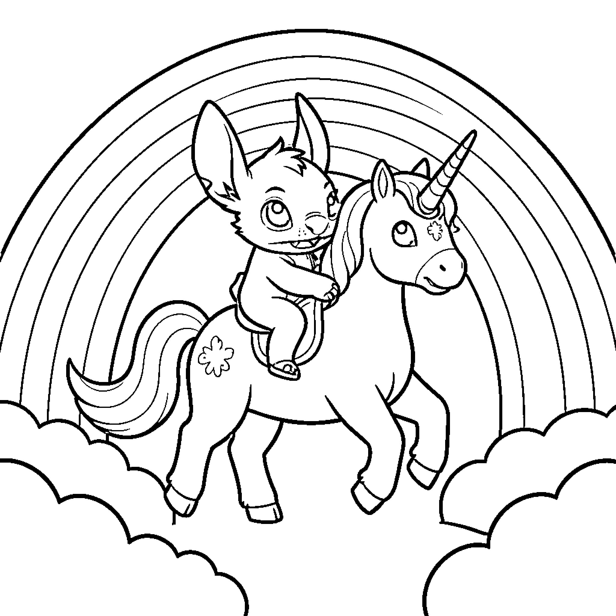 Stitch riding a unicorn against a rainbow backdrop Coloring Page (free black-and-white line drawing printable PDF for all, from beginners to advanced learners, including children, teens, adults, and seniors)