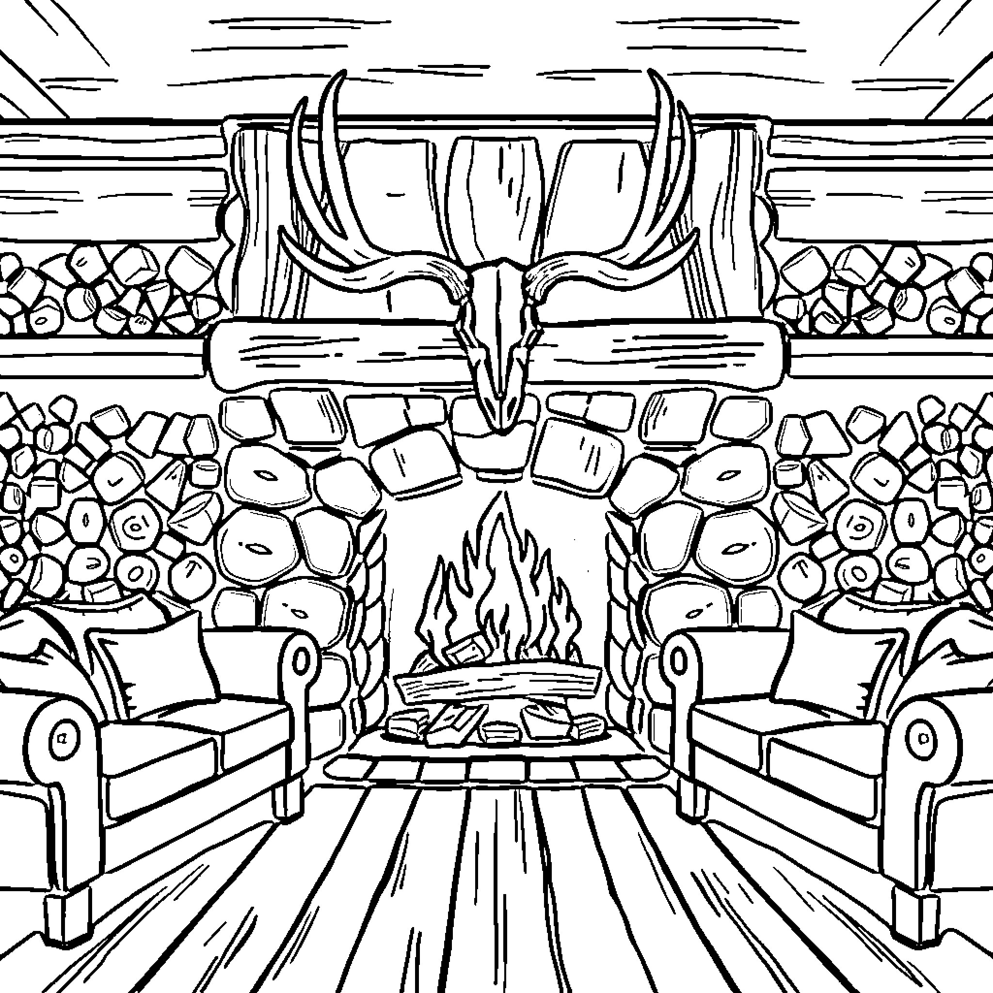 Fireplace with cozy furniture in rustic setting Coloring Page (free black-and-white line drawing printable PDF for all, from beginners to advanced learners, including children, teens, adults, and seniors)