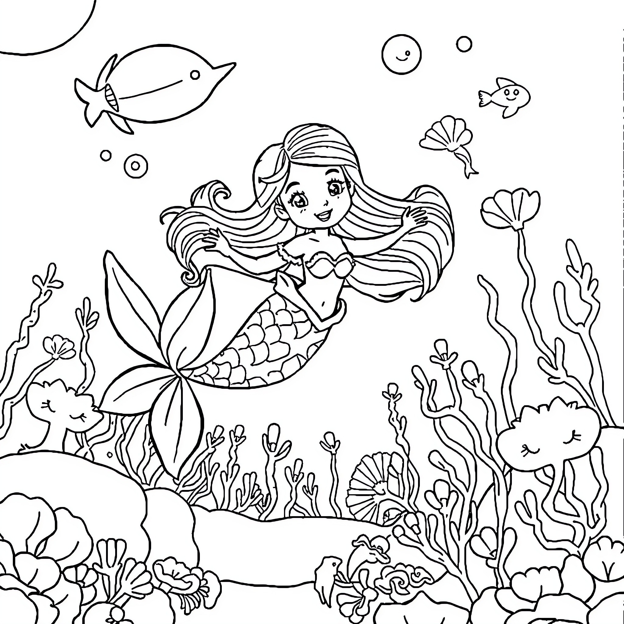 Mermaid exploring the colorful underwater world Coloring Page (free black-and-white line drawing printable PDF for all, from beginners to advanced learners, including children, teens, adults, and seniors)