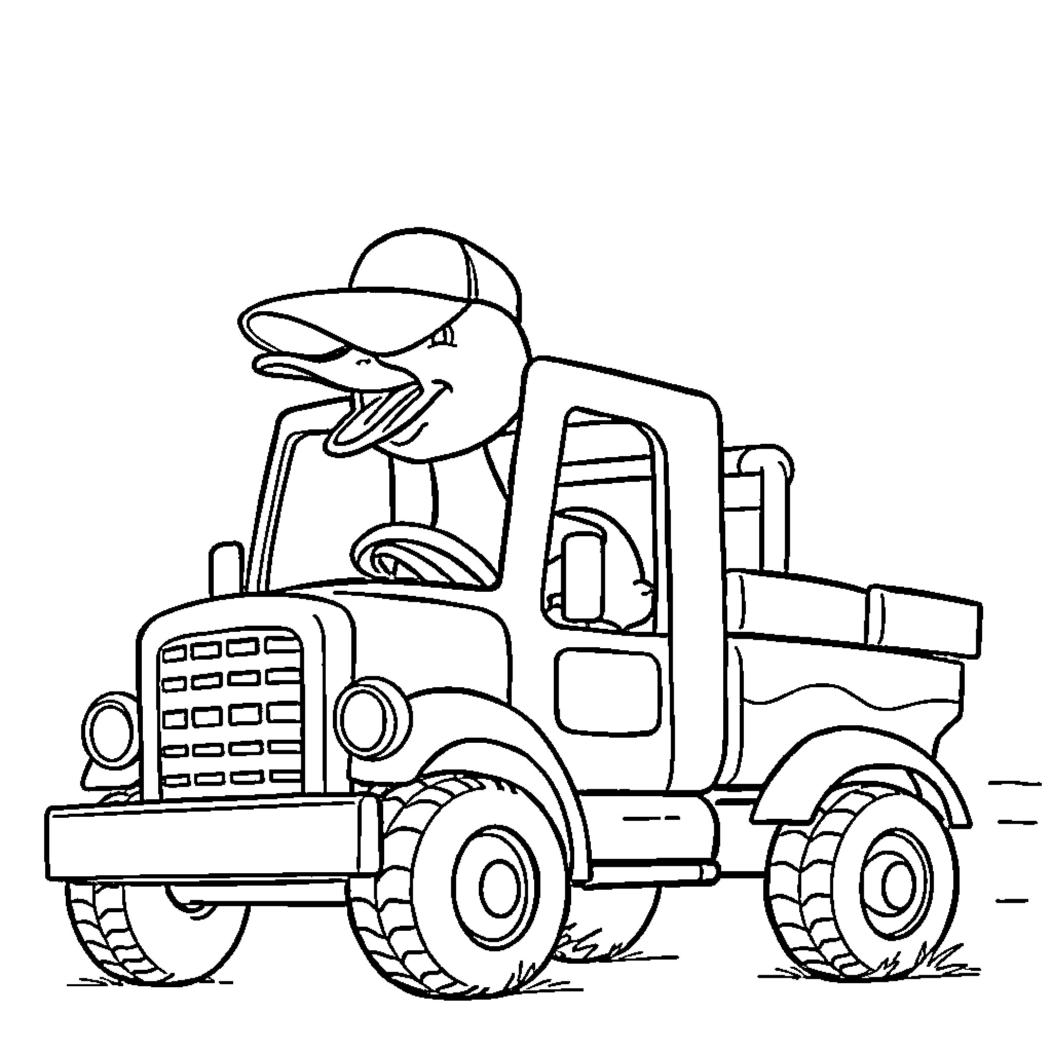 Duck driving a large construction vehicle Coloring Page (free black-and-white line drawing printable PDF for all, from beginners to advanced learners, including children, teens, adults, and seniors)