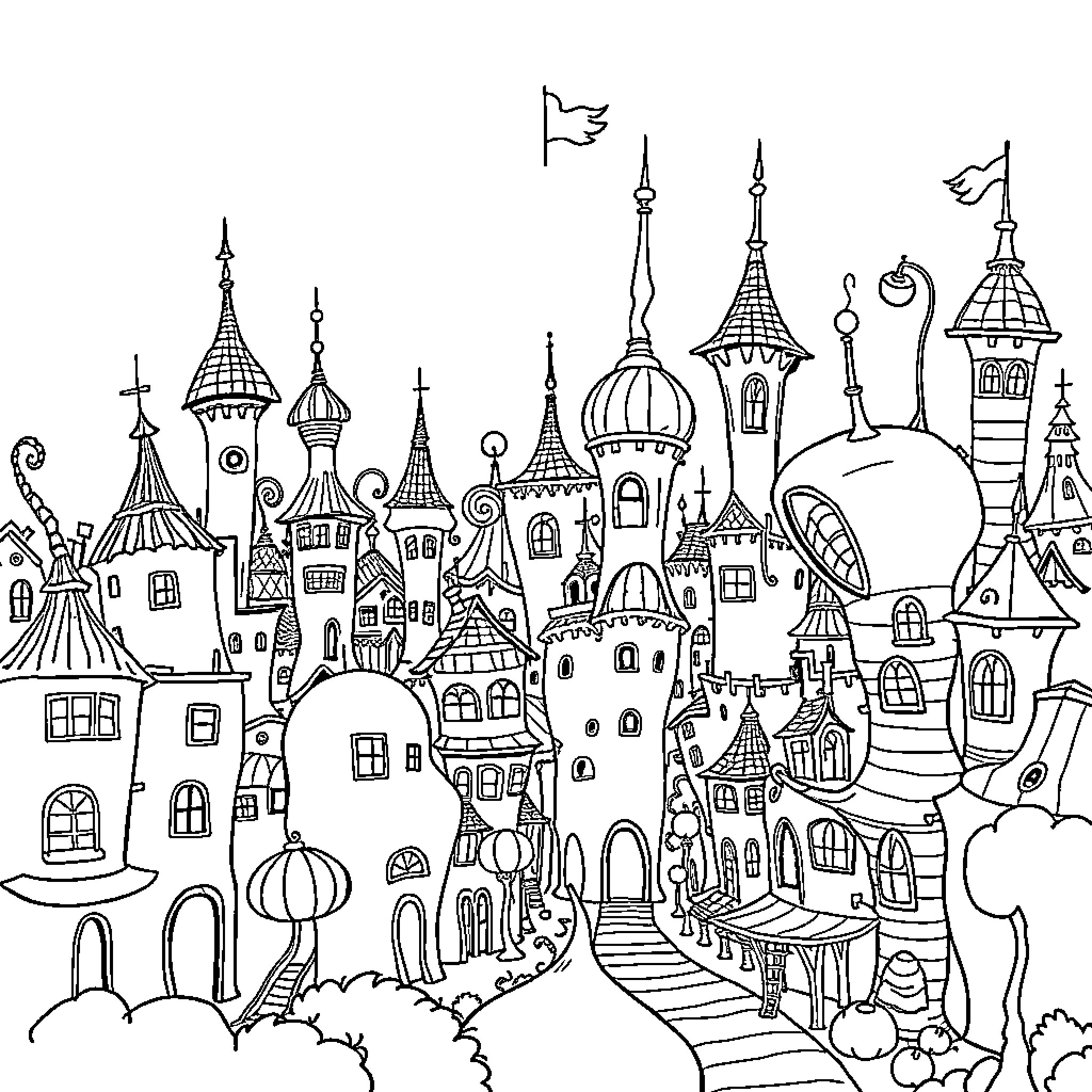 Dr. Seuss Whimsical Fantasy Town with Towers and Spires Coloring Page (free black-and-white line drawing printable PDF for all, from beginners to advanced learners, including children, teens, adults, and seniors)