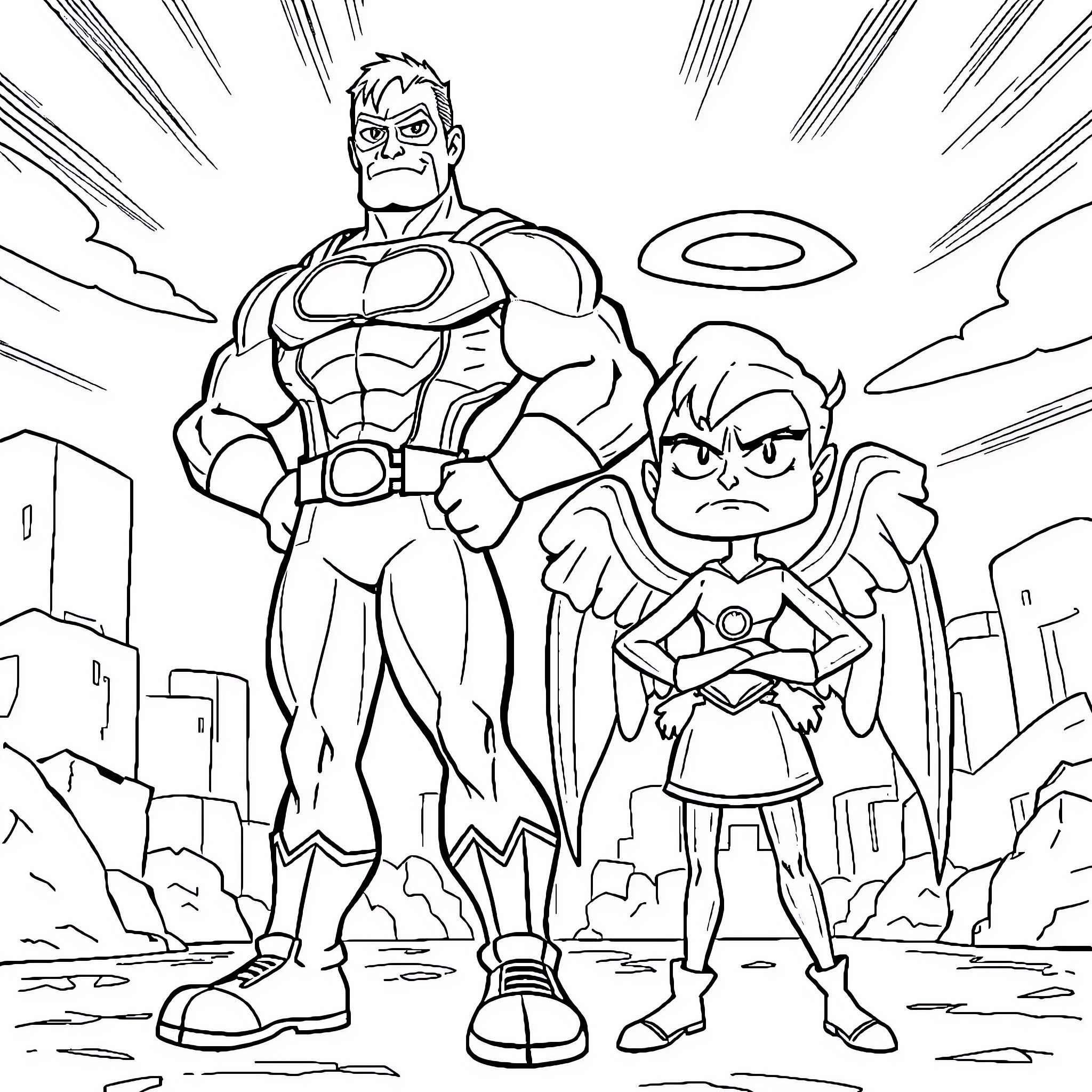 Superhero duo protecting the city Coloring Page (free black-and-white line drawing printable PDF for all, from beginners to advanced learners, including children, teens, adults, and seniors)