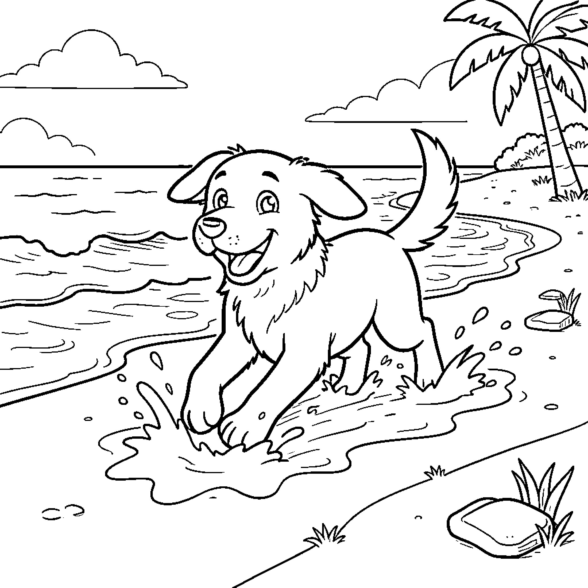Dog playing happily on the beach Coloring Page (free black-and-white line drawing printable PDF for all, from beginners to advanced learners, including children, teens, adults, and seniors)
