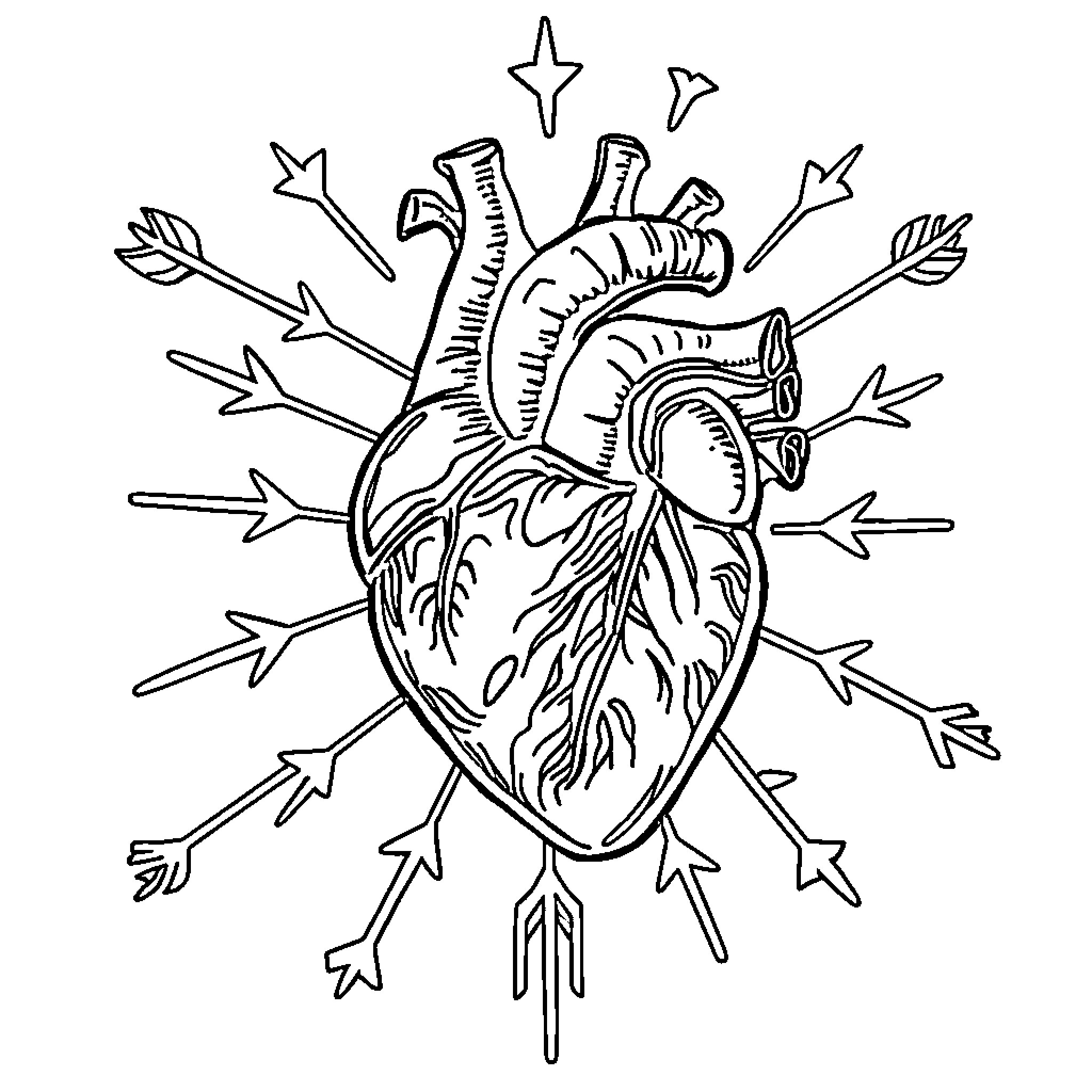 Heart pierced by arrows in abstract design Coloring Page (free black-and-white line drawing printable PDF for all, from beginners to advanced learners, including children, teens, adults, and seniors)