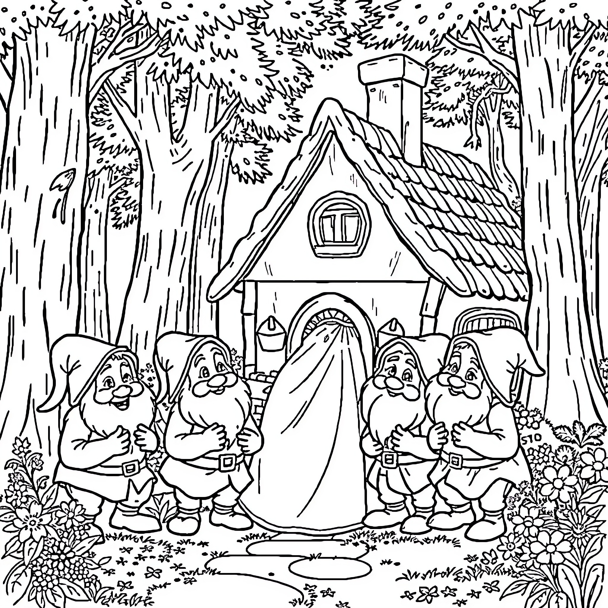 Snow White and the Seven Dwarfs in the Enchanted Forest Coloring Page (free black-and-white line drawing printable PDF for all, from beginners to advanced learners, including children, teens, adults, and seniors)