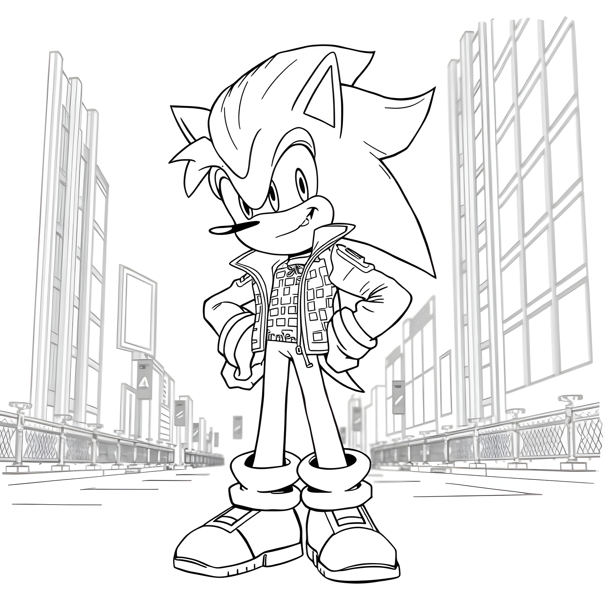 Sonic the Hedgehog posing in the city Coloring Page (free black-and-white line drawing printable PDF for all, from beginners to advanced learners, including children, teens, adults, and seniors)