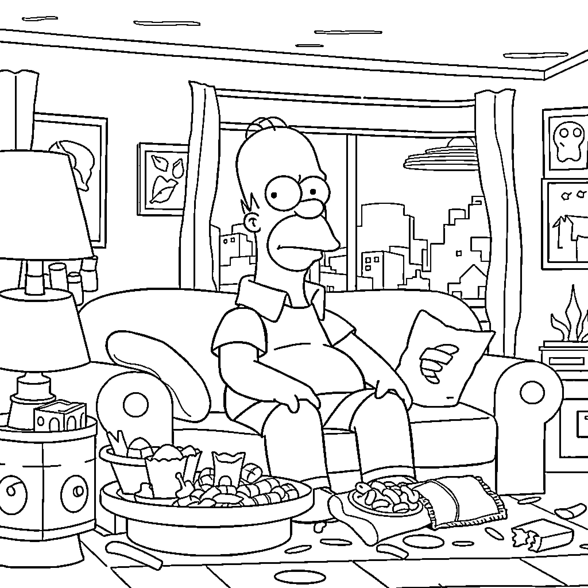 Homer Simpson relaxing on the couch with snacks Coloring Page (free black-and-white line drawing printable PDF for all, from beginners to advanced learners, including children, teens, adults, and seniors)
