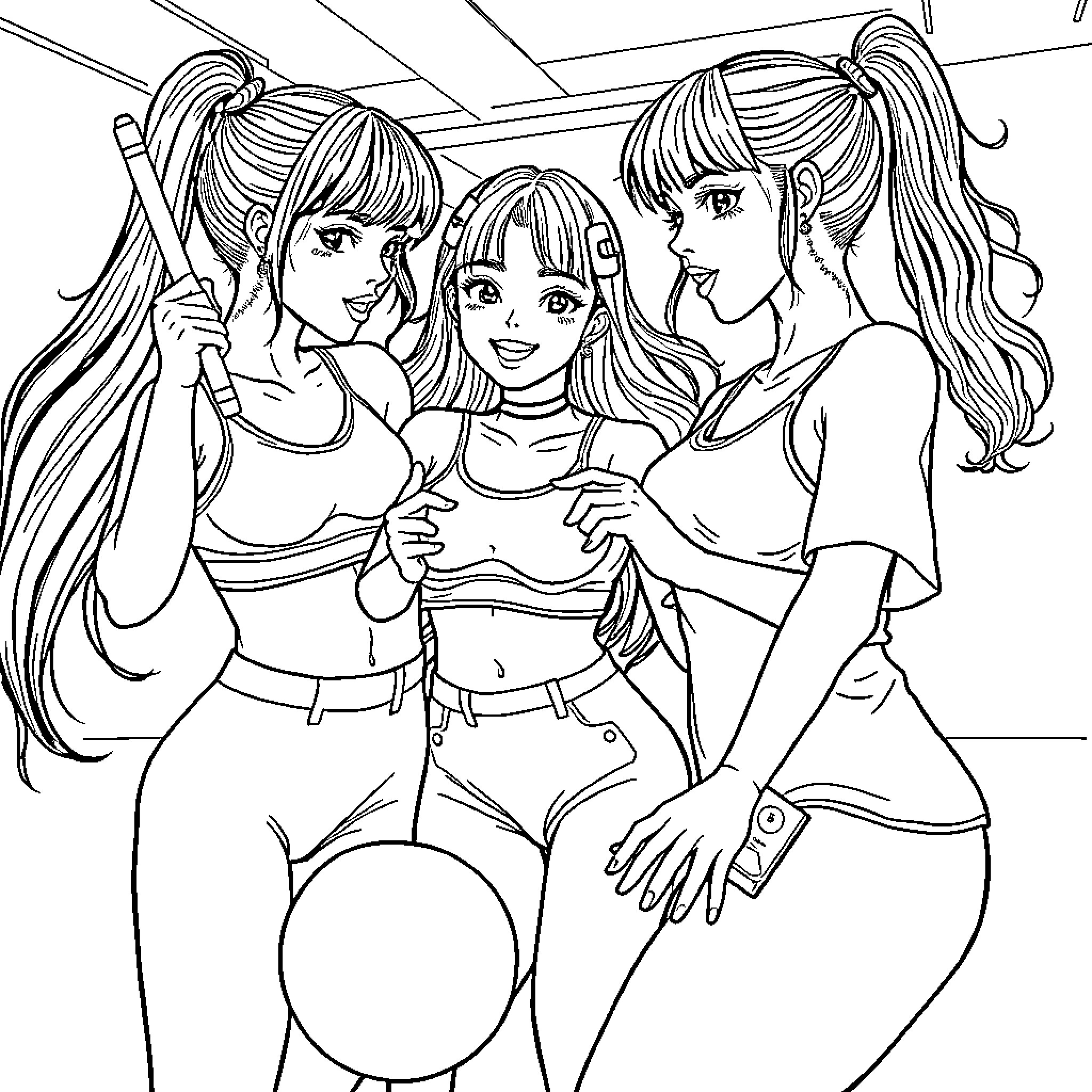 K Pop Girl Group Posing Together Coloring Page (free black-and-white line drawing printable PDF for all, from beginners to advanced learners, including children, teens, adults, and seniors)