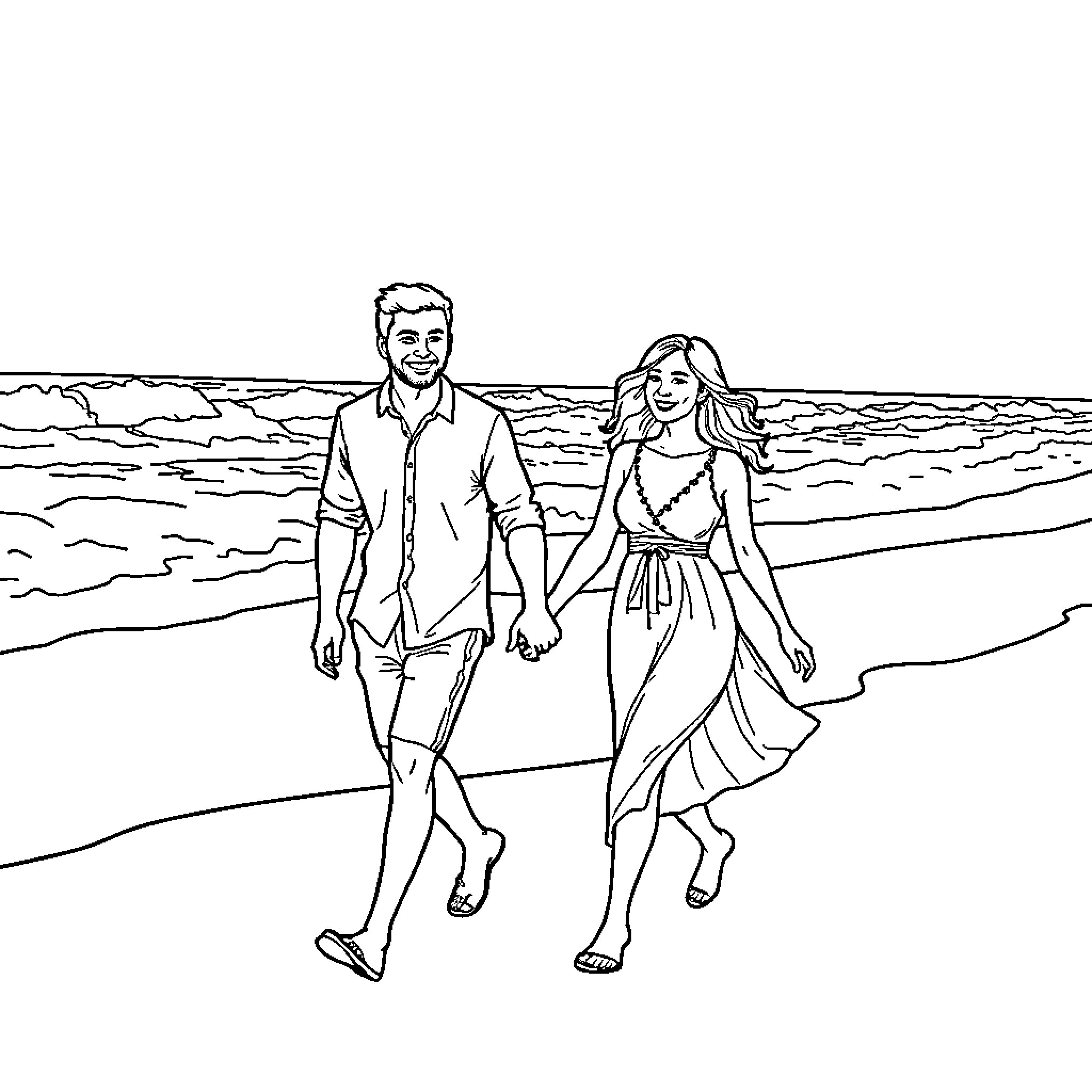 Couple strolling happily on the beach Coloring Page (free black-and-white line drawing printable PDF for all, from beginners to advanced learners, including children, teens, adults, and seniors)
