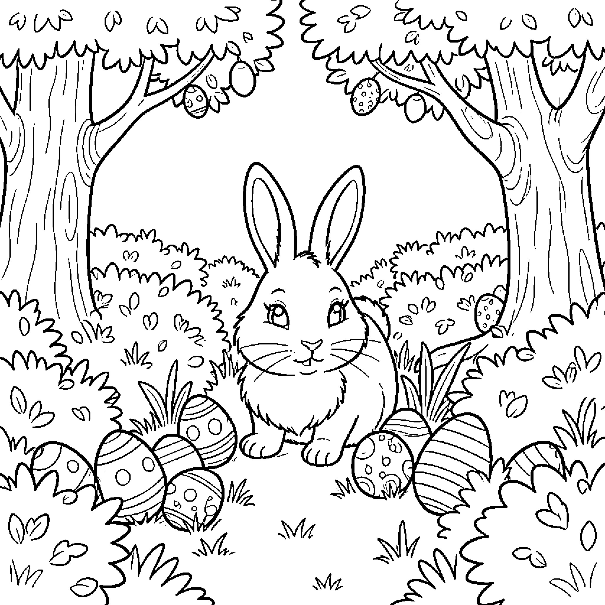 Easter Bunny in a Whimsical Forest Landscape Coloring Page (free black-and-white line drawing printable PDF for all, from beginners to advanced learners, including children, teens, adults, and seniors)