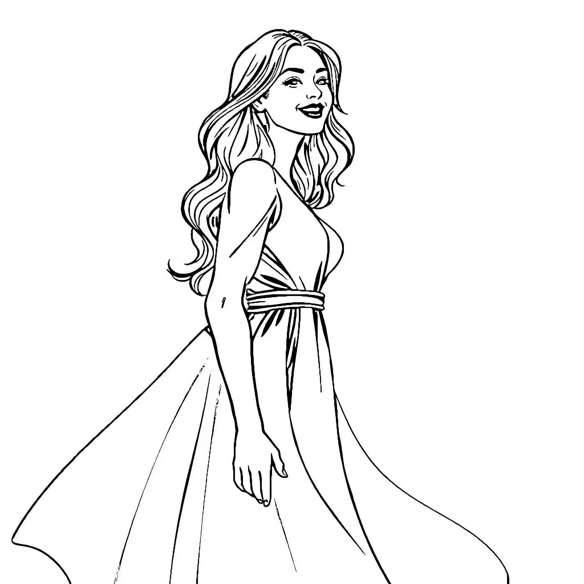 Woman wearing formal dress and smiling happily Coloring Page (free black-and-white line drawing printable PDF for all, from beginners to advanced learners, including children, teens, adults, and seniors)