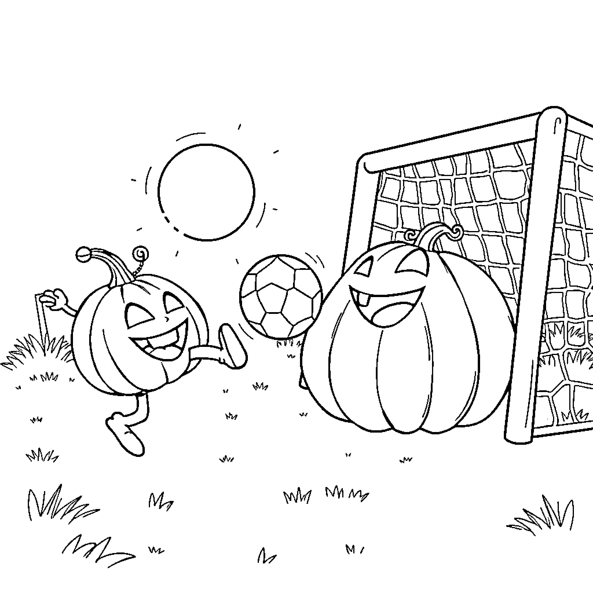 Pumpkins playing soccer in the park Coloring Page (free black-and-white line drawing printable PDF for all, from beginners to advanced learners, including children, teens, adults, and seniors)
