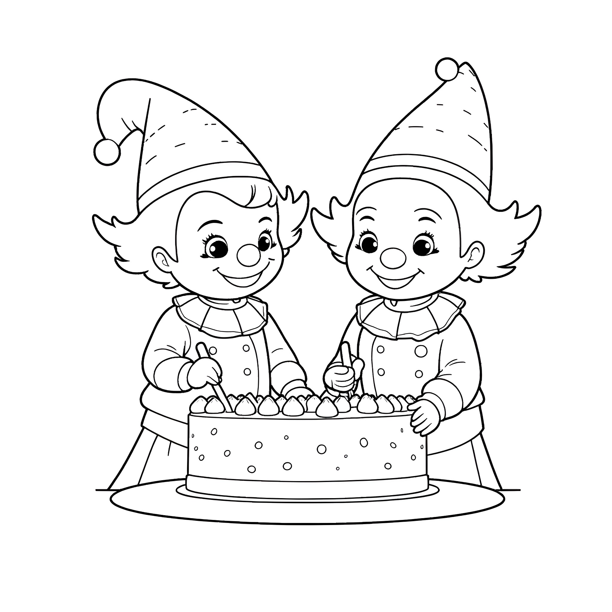 Clown elves baking a festive cake Coloring Page (free black-and-white line drawing printable PDF for all, from beginners to advanced learners, including children, teens, adults, and seniors)