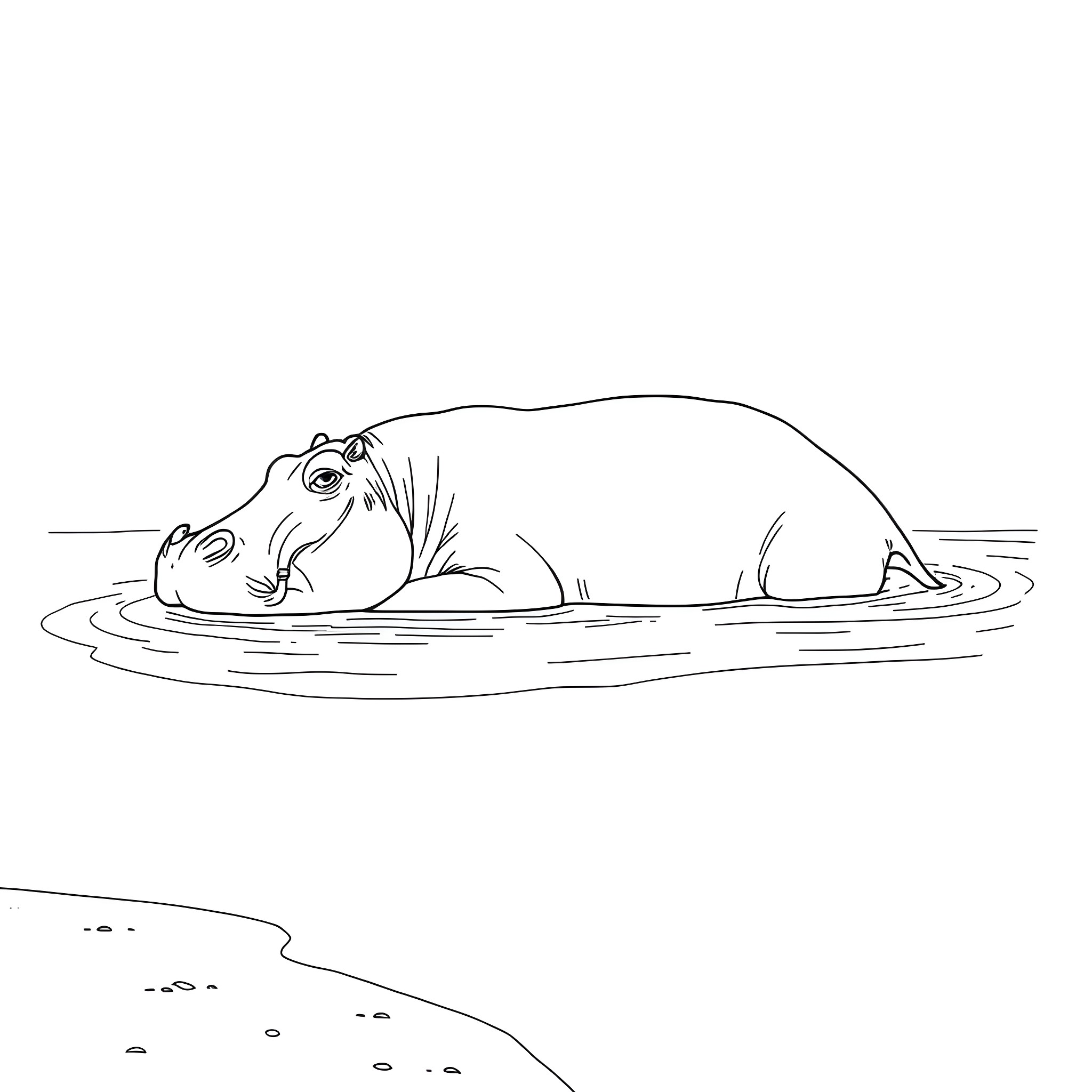 Hippopotamus relaxing in the water Coloring Page (free black-and-white line drawing printable PDF for all, from beginners to advanced learners, including children, teens, adults, and seniors)