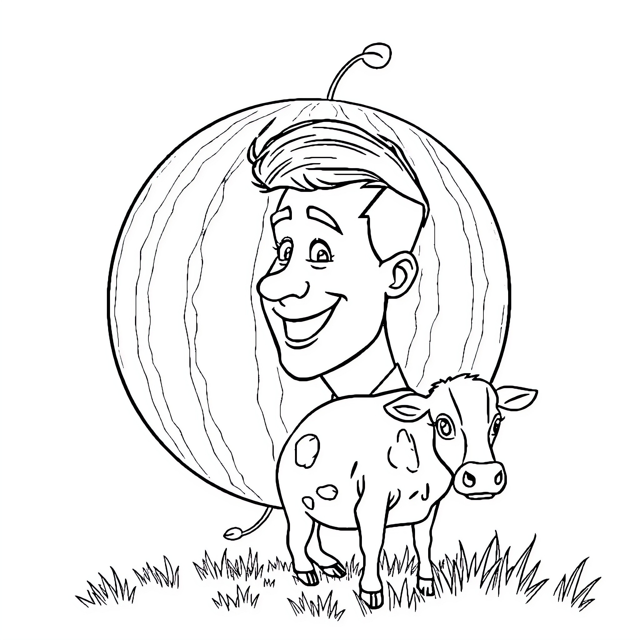 Watermelon and a Happy Farmer with a Calf Coloring Page (free black-and-white line drawing printable PDF for all, from beginners to advanced learners, including children, teens, adults, and seniors)