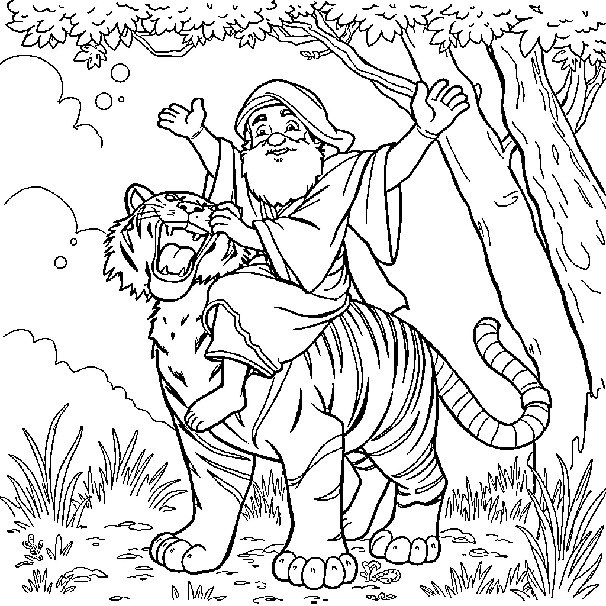 Rumi's joyful encounter with a tiger in the forest Coloring Page (free black-and-white line drawing printable PDF for all, from beginners to advanced learners, including children, teens, adults, and seniors)