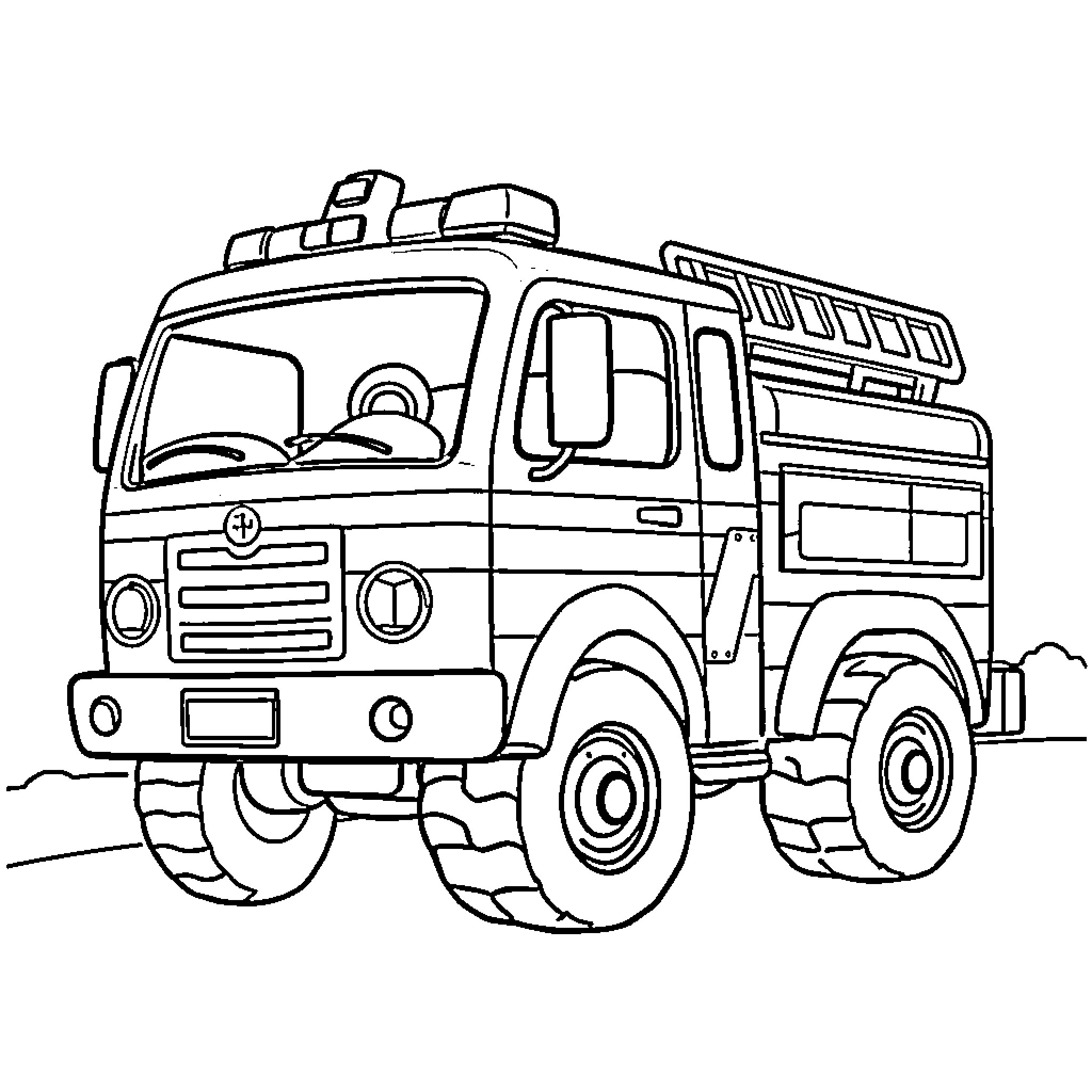 Fire Truck on emergency response mission Coloring Page (free black-and-white line drawing printable PDF for all, from beginners to advanced learners, including children, teens, adults, and seniors)