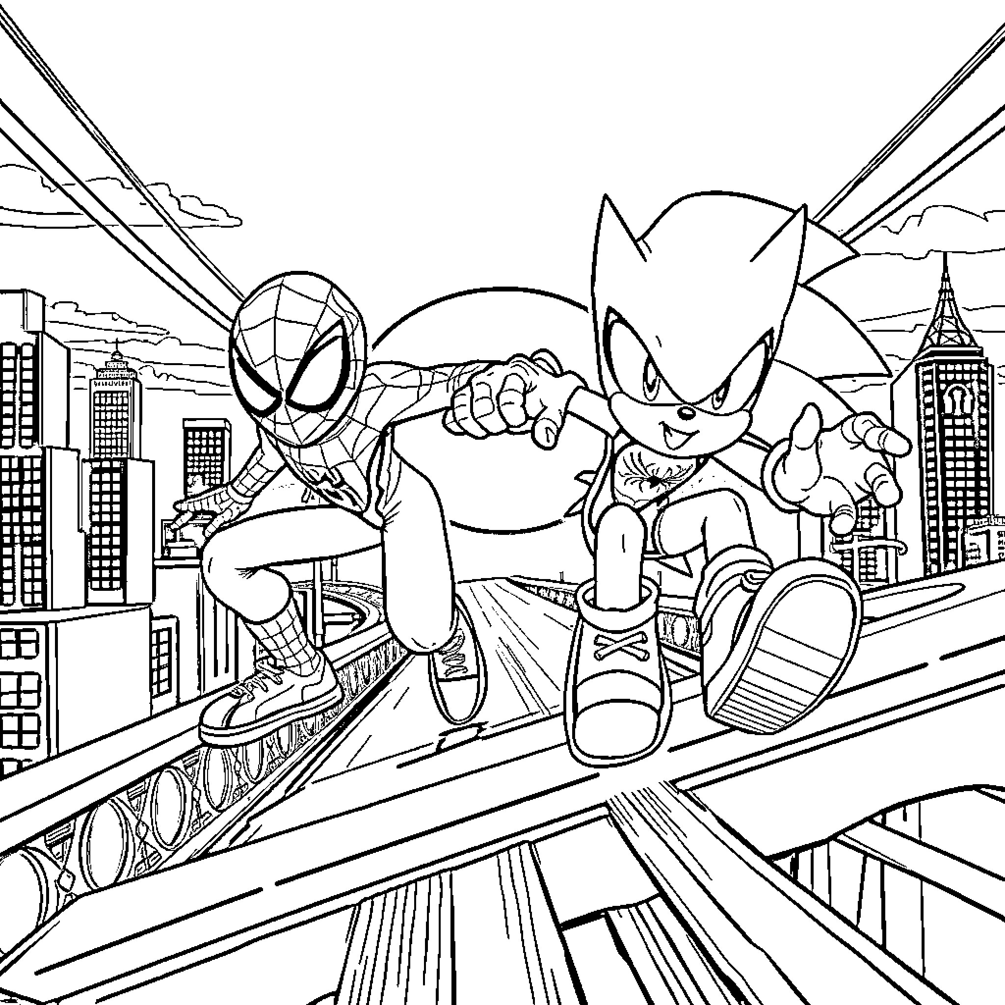 Miles Morales and Sonic the Hedgehog on an urban adventure Coloring Page (free black-and-white line drawing printable PDF for all, from beginners to advanced learners, including children, teens, adults, and seniors)