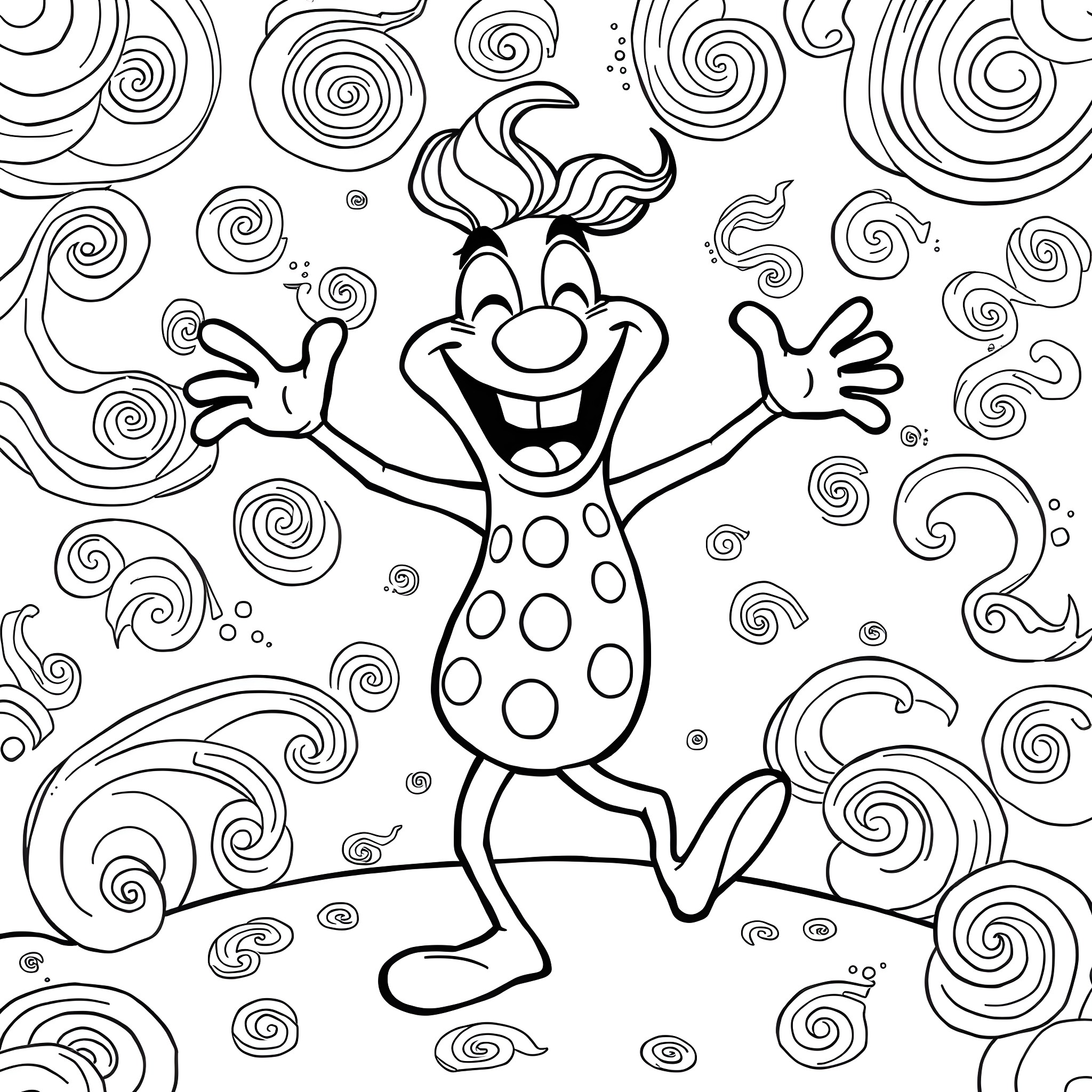 Man happily jumping with excitement in a whimsical scene Coloring Page (free black-and-white line drawing printable PDF for all, from beginners to advanced learners, including children, teens, adults, and seniors)