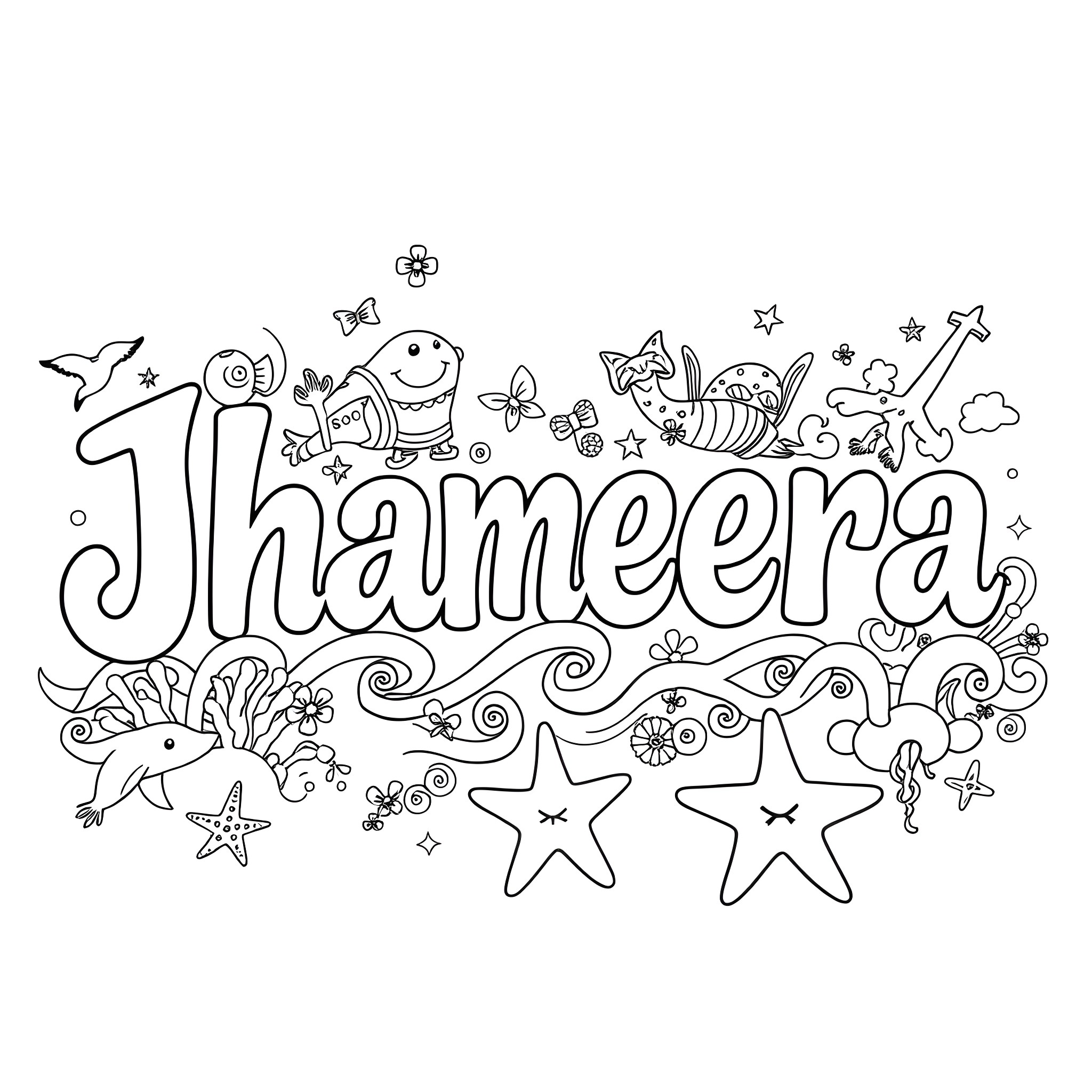 Jhameera's Whimsical Doodle Adventure Coloring Page (free black-and-white line drawing printable PDF for all, from beginners to advanced learners, including children, teens, adults, and seniors)