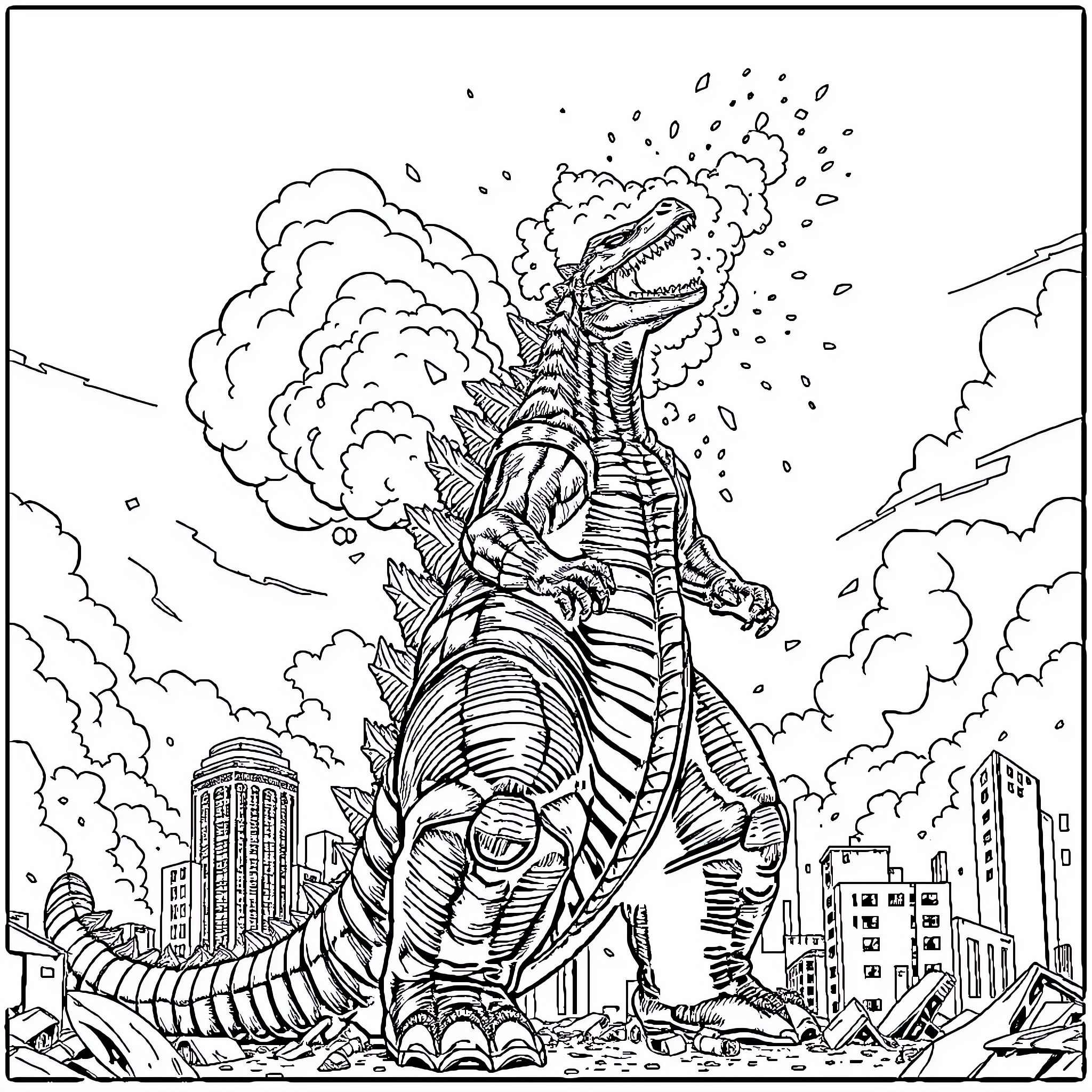 Godzilla rampaging through the city in a destructive rampage Coloring Page (free black-and-white line drawing printable PDF for all, from beginners to advanced learners, including children, teens, adults, and seniors)