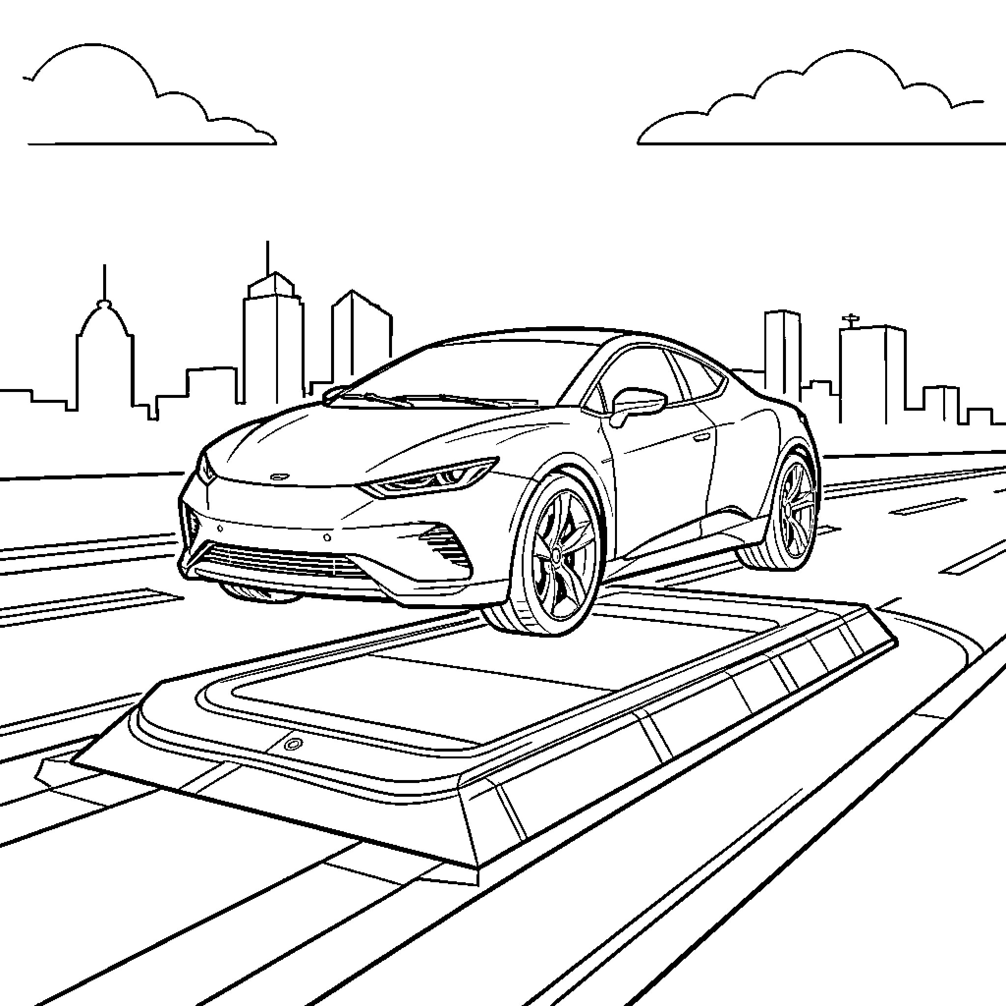 Car driving along a city skyline road Coloring Page (free black-and-white line drawing printable PDF for all, from beginners to advanced learners, including children, teens, adults, and seniors)