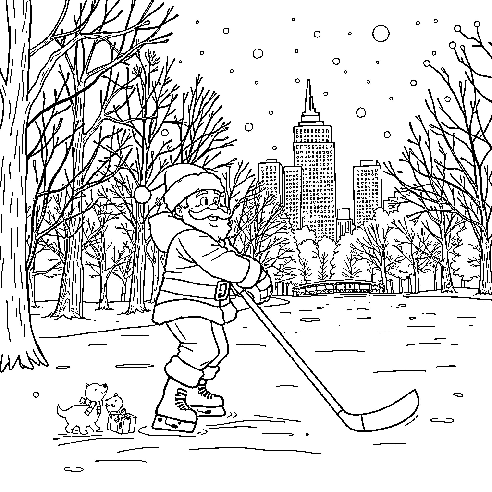 Boy skating in snowy city park Coloring Page (free black-and-white line drawing printable PDF for all, from beginners to advanced learners, including children, teens, adults, and seniors)