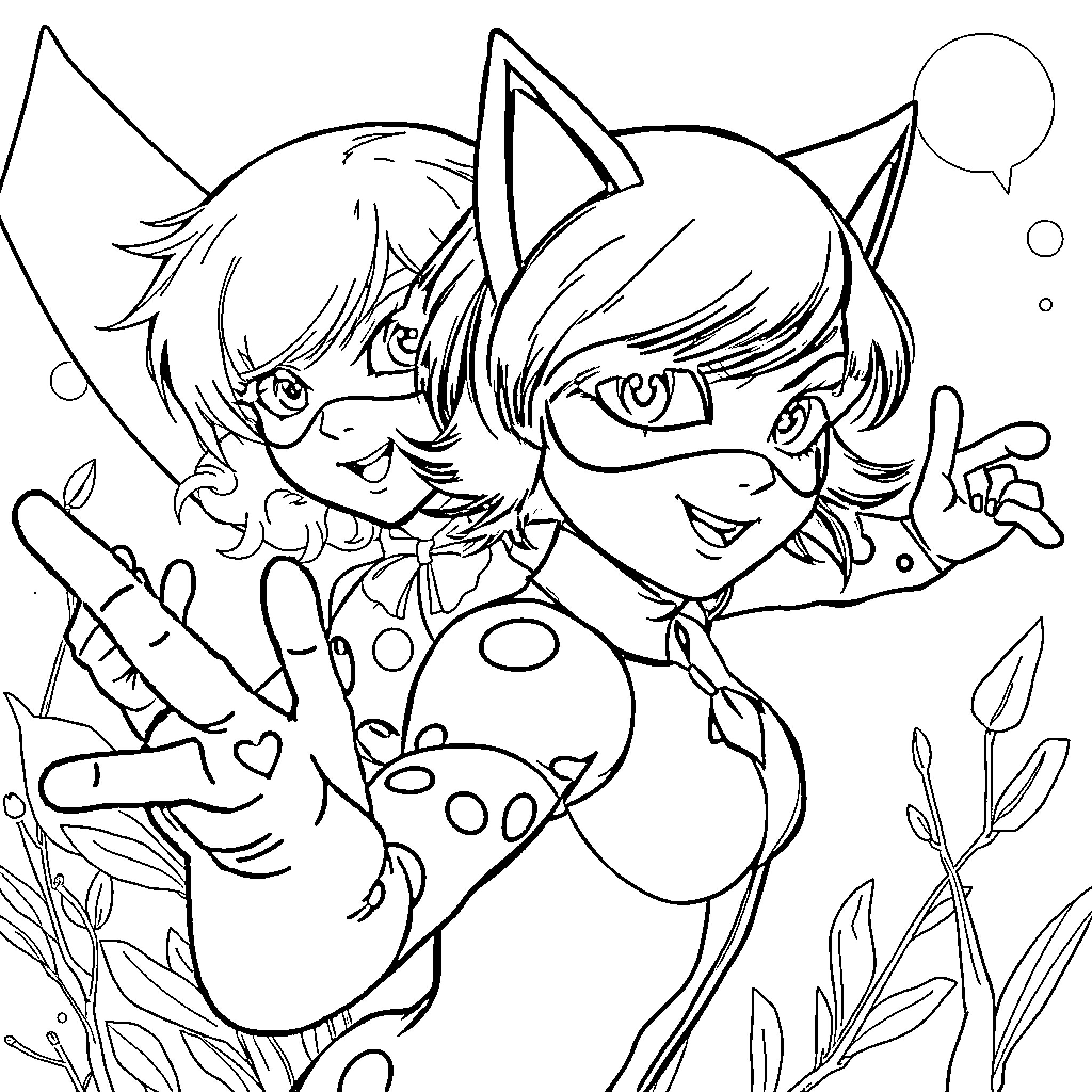 Ladybug duo posing with playful expressions Coloring Page (free black-and-white line drawing printable PDF for all, from beginners to advanced learners, including children, teens, adults, and seniors)