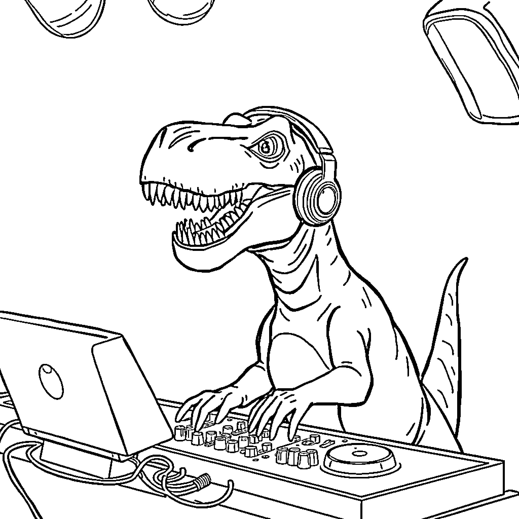 Dinosaur DJ mixing tunes at a high-tech studio Coloring Page (free black-and-white line drawing printable PDF for all, from beginners to advanced learners, including children, teens, adults, and seniors)