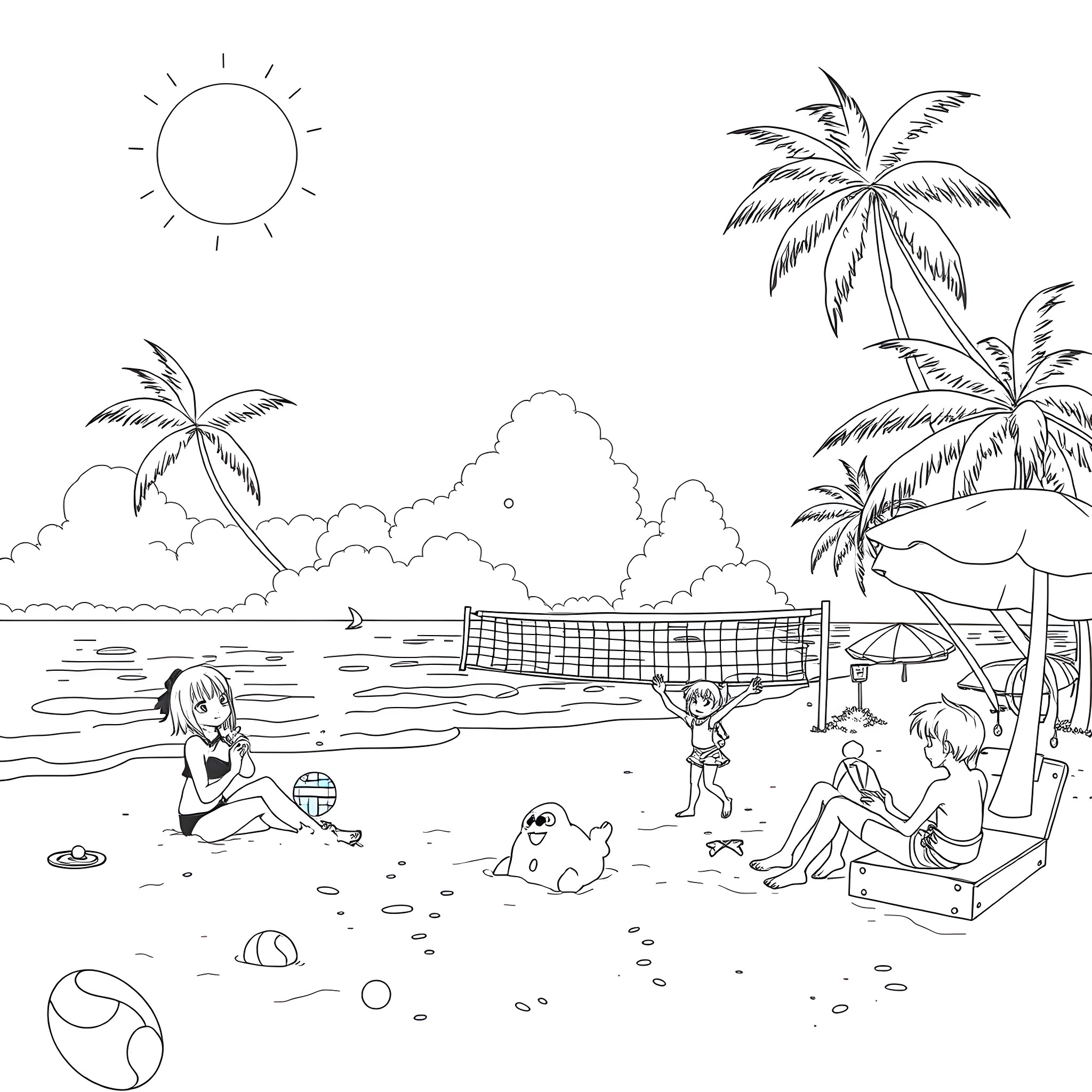 Anime Character Playing Volleyball on Tropical Beach Coloring Page (free black-and-white line drawing printable PDF for all, from beginners to advanced learners, including children, teens, adults, and seniors)