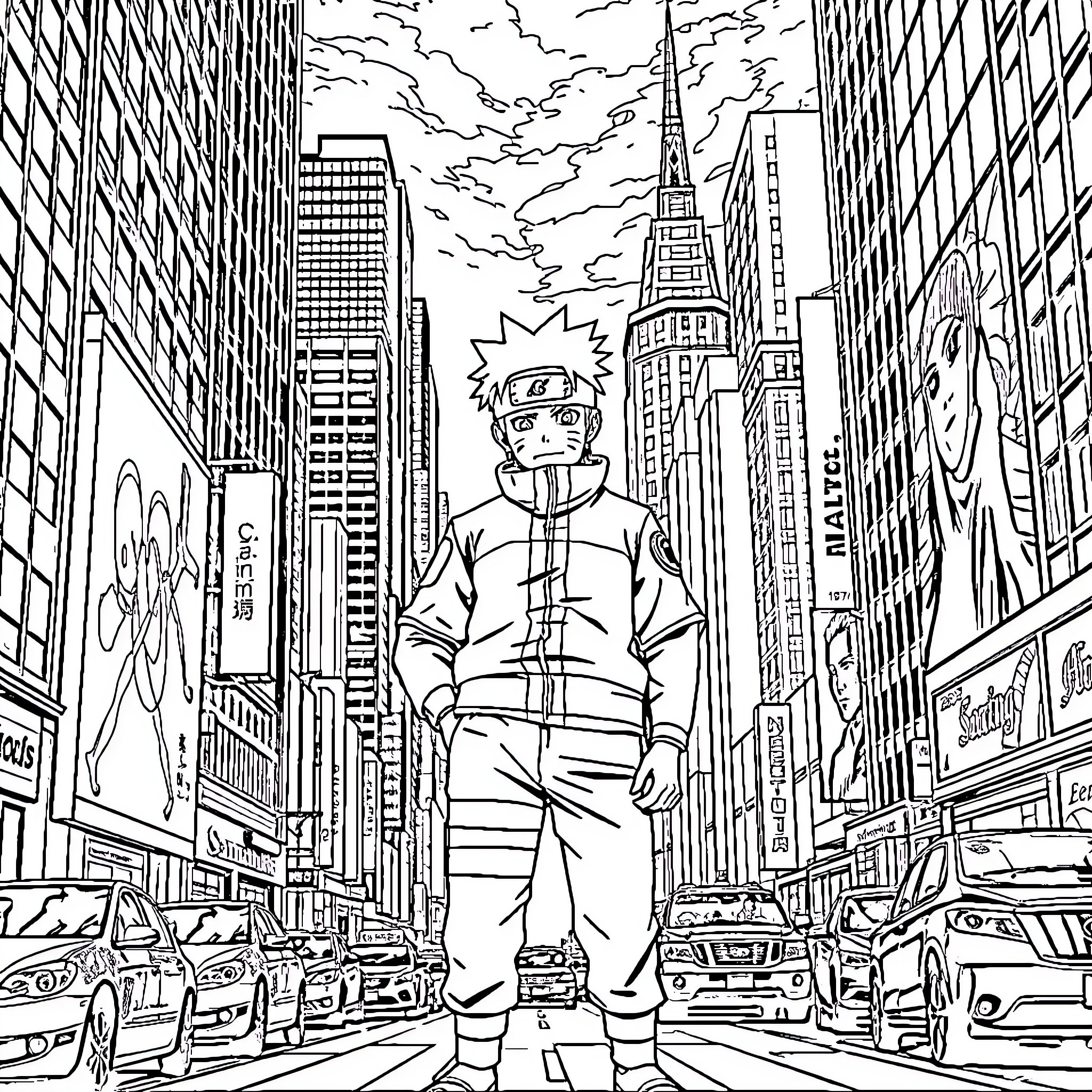 Naruto exploring the bustling city streets Coloring Page (free black-and-white line drawing printable PDF for all, from beginners to advanced learners, including children, teens, adults, and seniors)