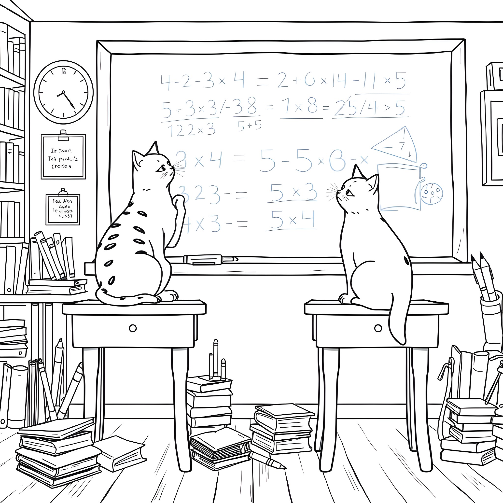 Cats observing mathematical equations on blackboard Coloring Page (free black-and-white line drawing printable PDF for all, from beginners to advanced learners, including children, teens, adults, and seniors)