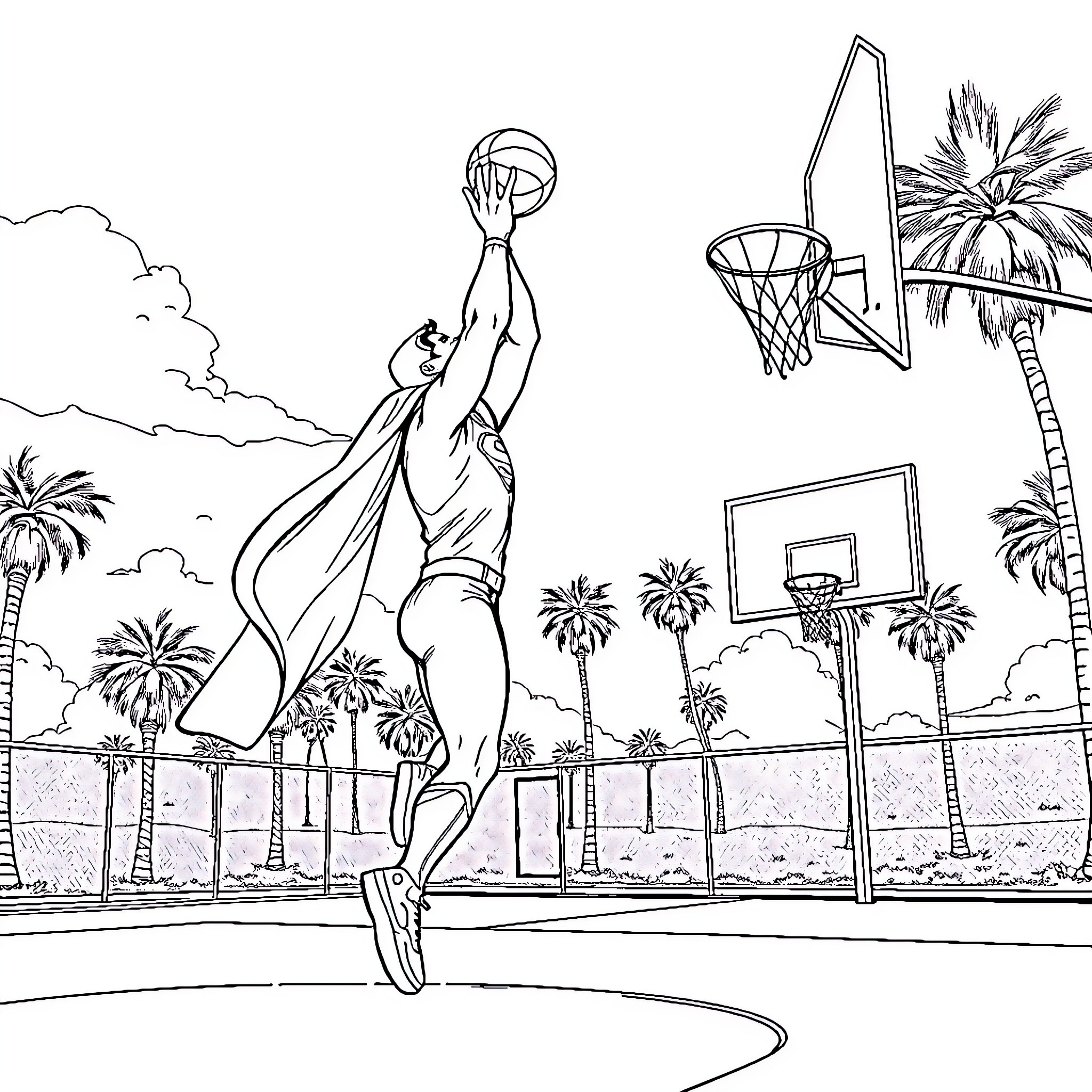 Superman leaping high for the basketball dunk Coloring Page (free black-and-white line drawing printable PDF for all, from beginners to advanced learners, including children, teens, adults, and seniors)