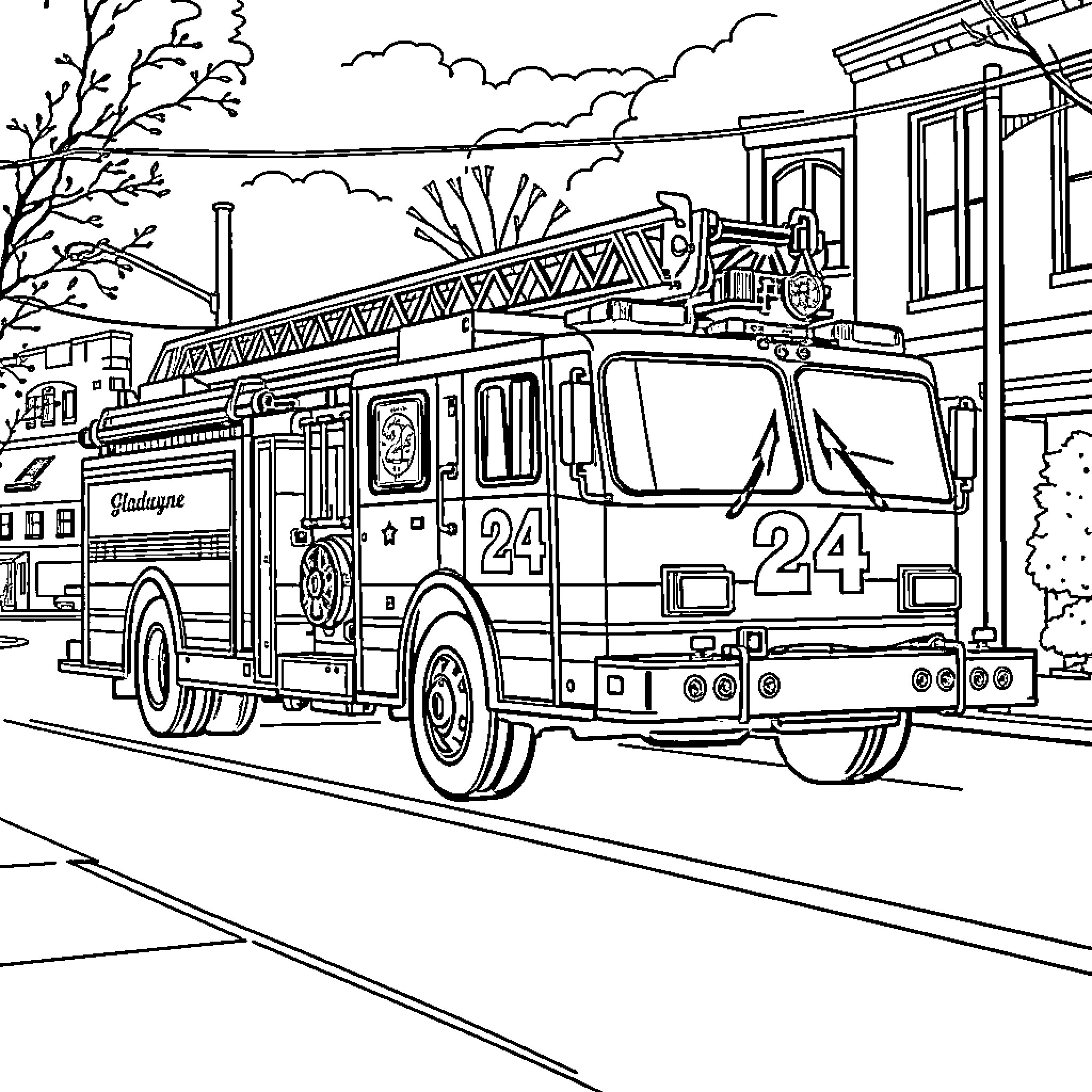 Fire Truck responding to an emergency call Coloring Page (free black-and-white line drawing printable PDF for all, from beginners to advanced learners, including children, teens, adults, and seniors)