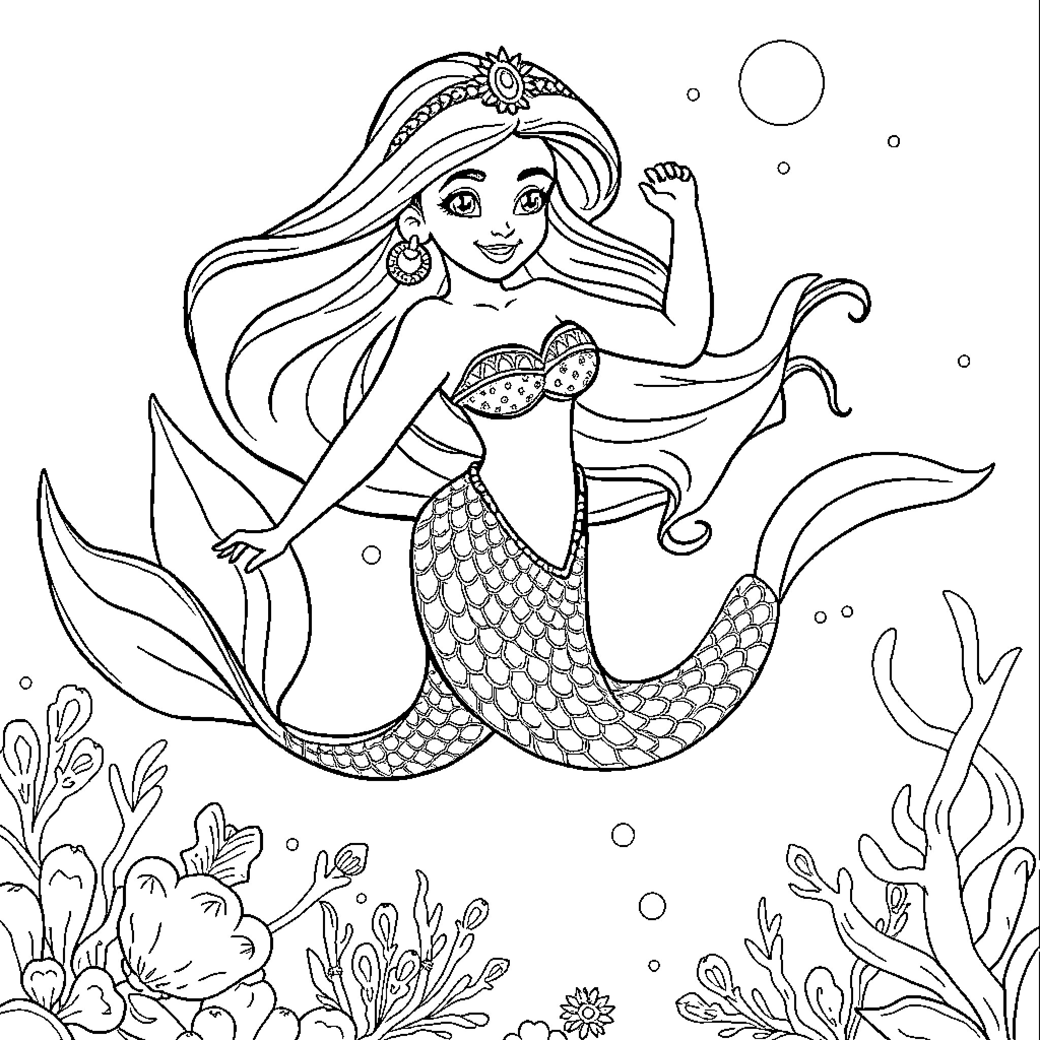 Mermaid swimming gracefully underwater Coloring Page (free black-and-white line drawing printable PDF for all, from beginners to advanced learners, including children, teens, adults, and seniors)