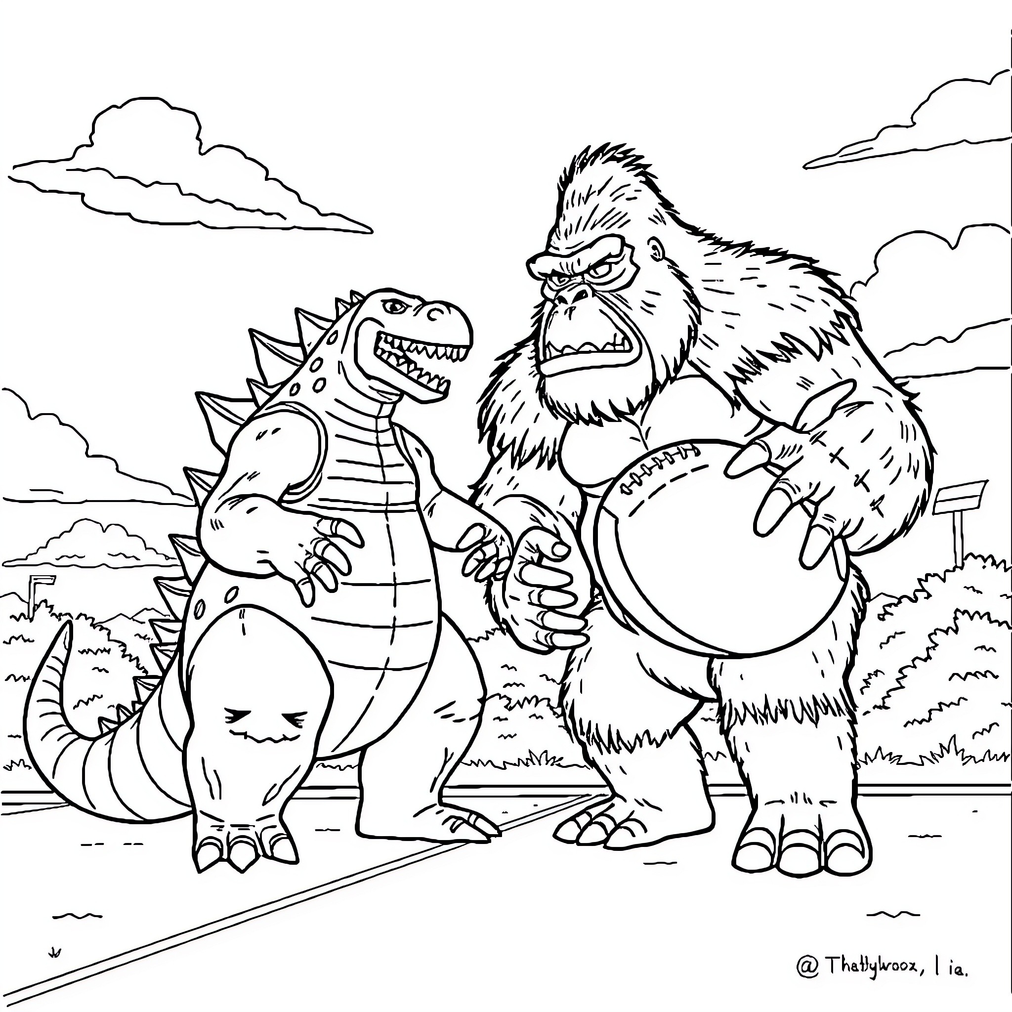 Godzilla confronts a giant hairy monster Coloring Page (free black-and-white line drawing printable PDF for all, from beginners to advanced learners, including children, teens, adults, and seniors)