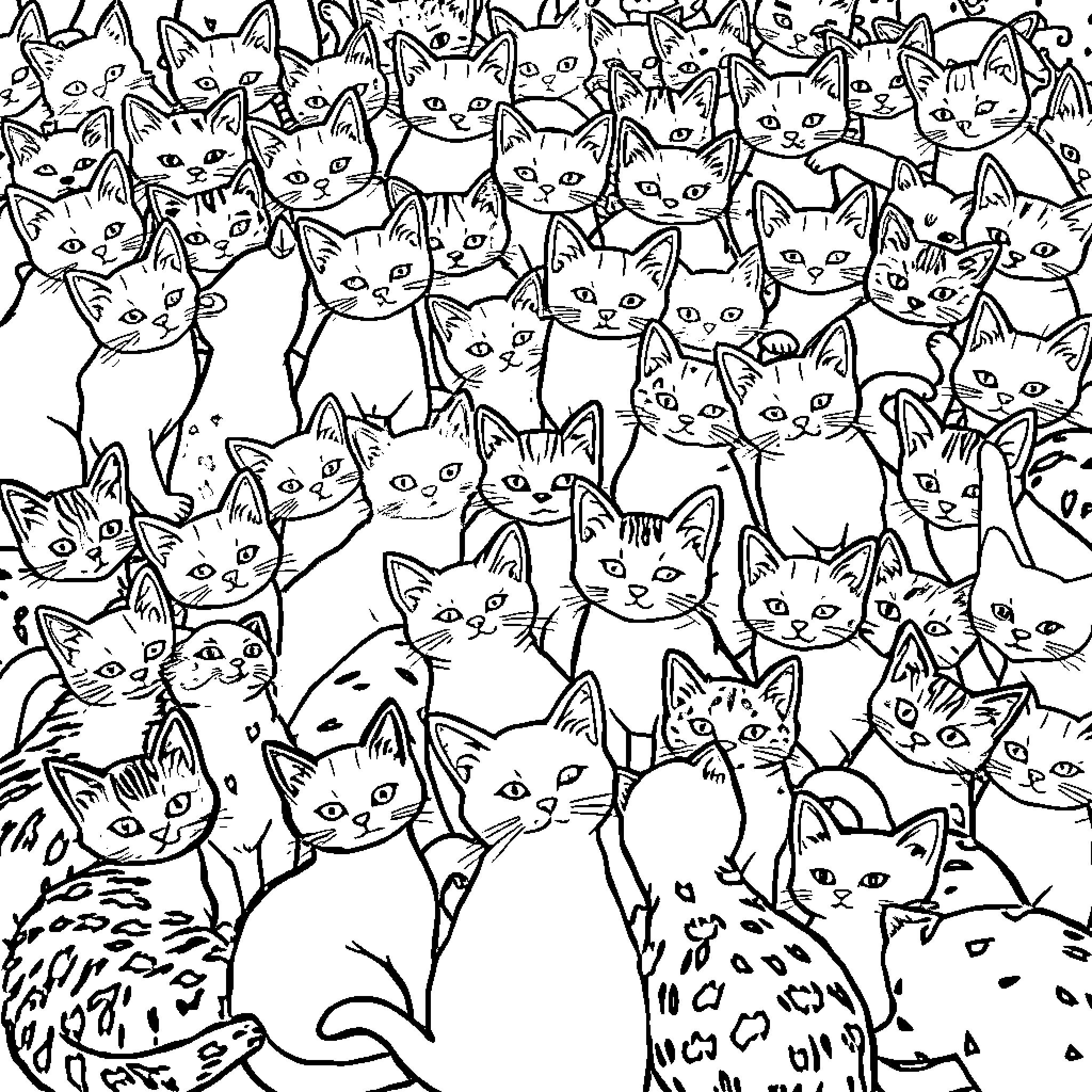 Cat Crowd - Whimsical Feline Gathering Coloring Page (free black-and-white line drawing printable PDF for all, from beginners to advanced learners, including children, teens, adults, and seniors)