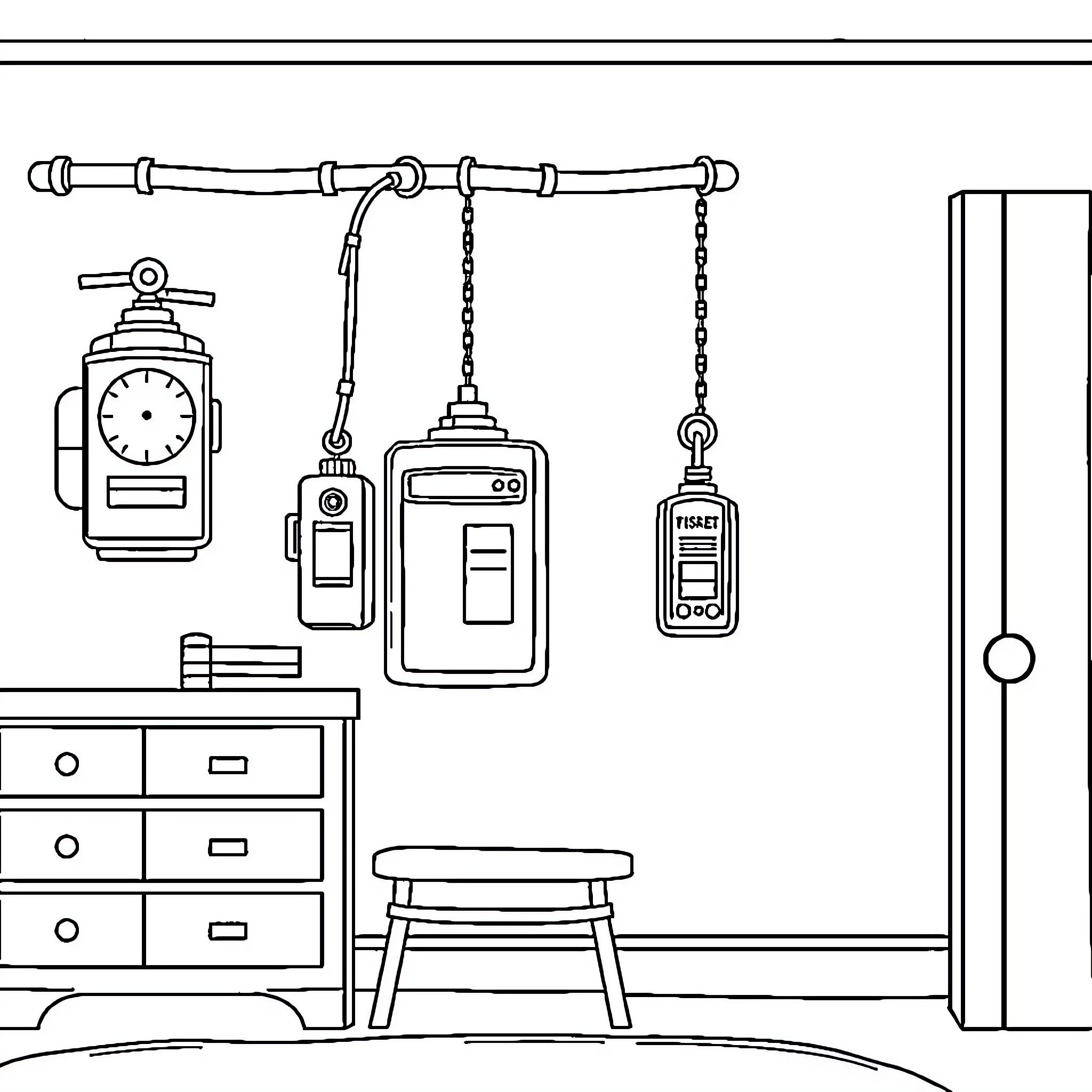 Fire Alarm Devices and Furnishings in a Room Coloring Page (free black-and-white line drawing printable PDF for all, from beginners to advanced learners, including children, teens, adults, and seniors)