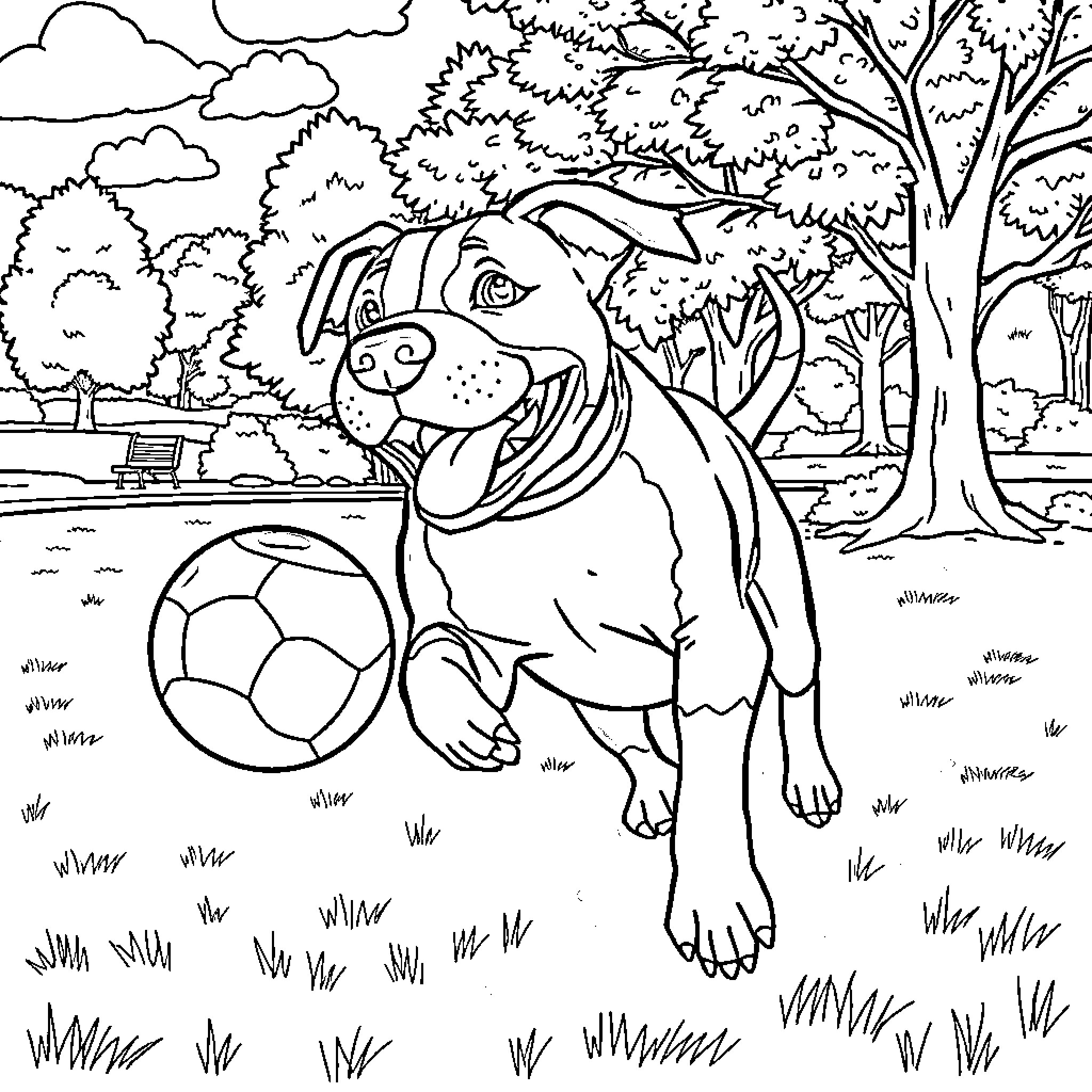 Pitbull playing joyfully with soccer ball in park Coloring Page (free black-and-white line drawing printable PDF for all, from beginners to advanced learners, including children, teens, adults, and seniors)