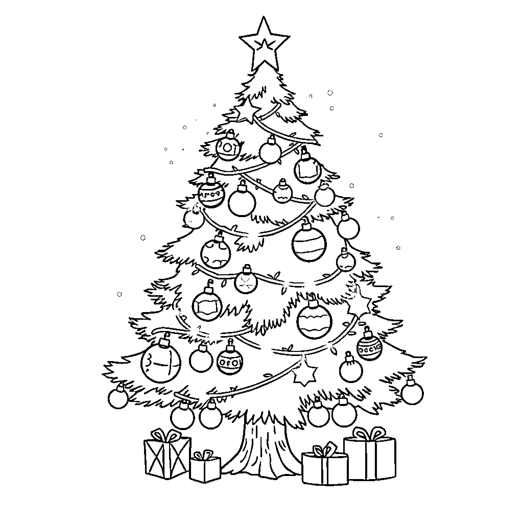 Christmas Tree with Ornaments and Gifts Coloring Page (free black-and-white line drawing printable PDF for all, from beginners to advanced learners, including children, teens, adults, and seniors)