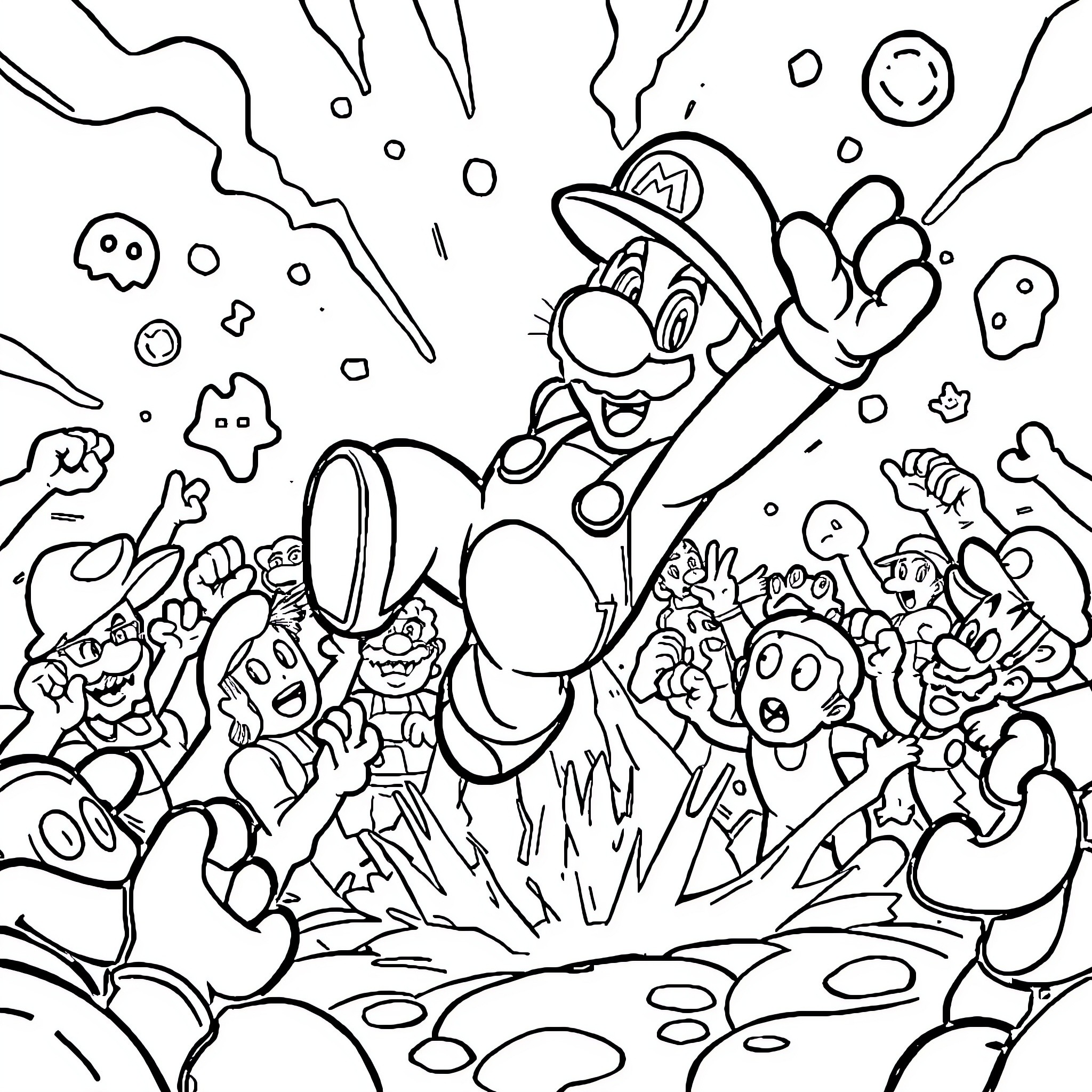 Mario's Chaotic Adventure Coloring Page (free black-and-white line drawing printable PDF for all, from beginners to advanced learners, including children, teens, adults, and seniors)