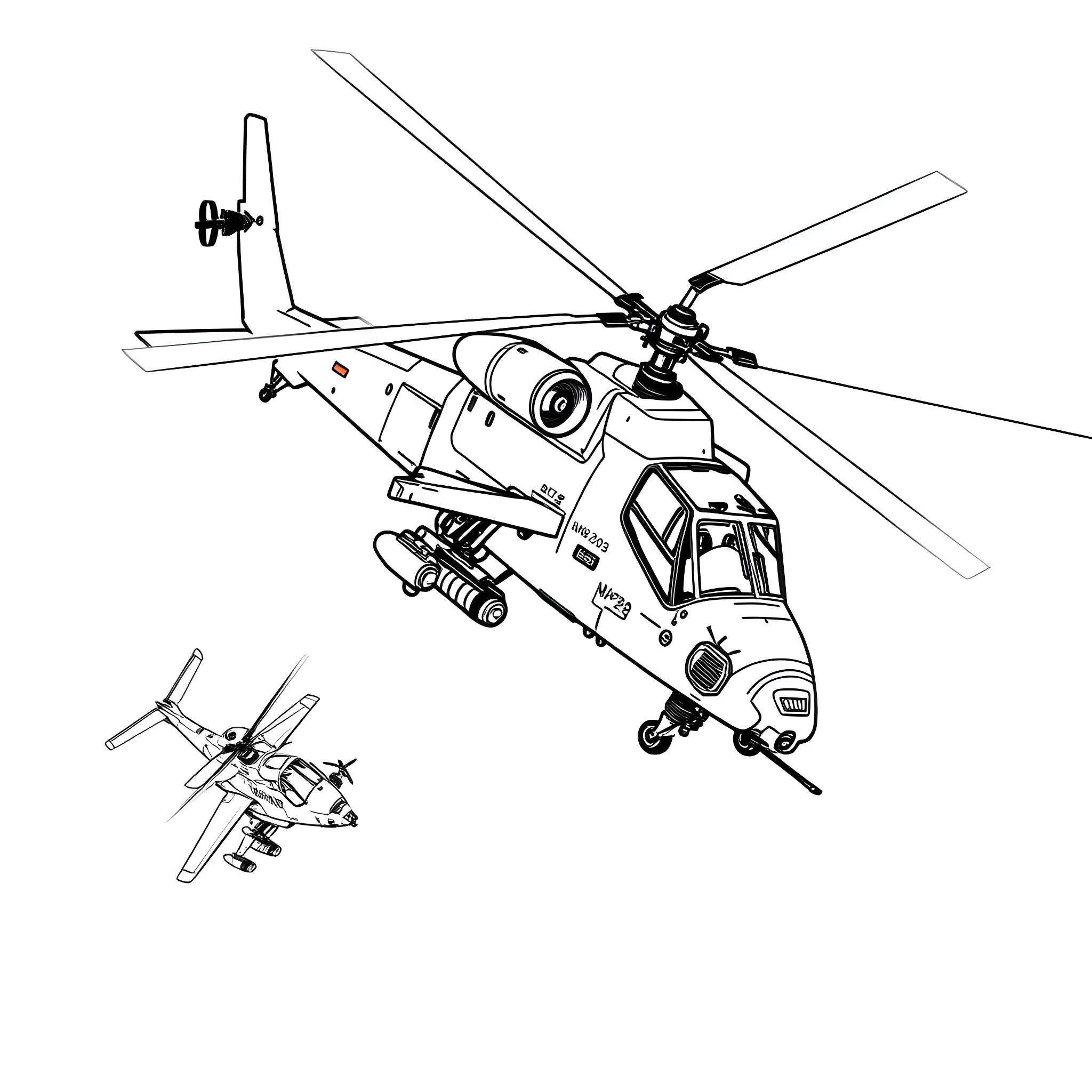 Apache Helicopter in Flight with Weaponry Coloring Page (free black-and-white line drawing printable PDF for all, from beginners to advanced learners, including children, teens, adults, and seniors)