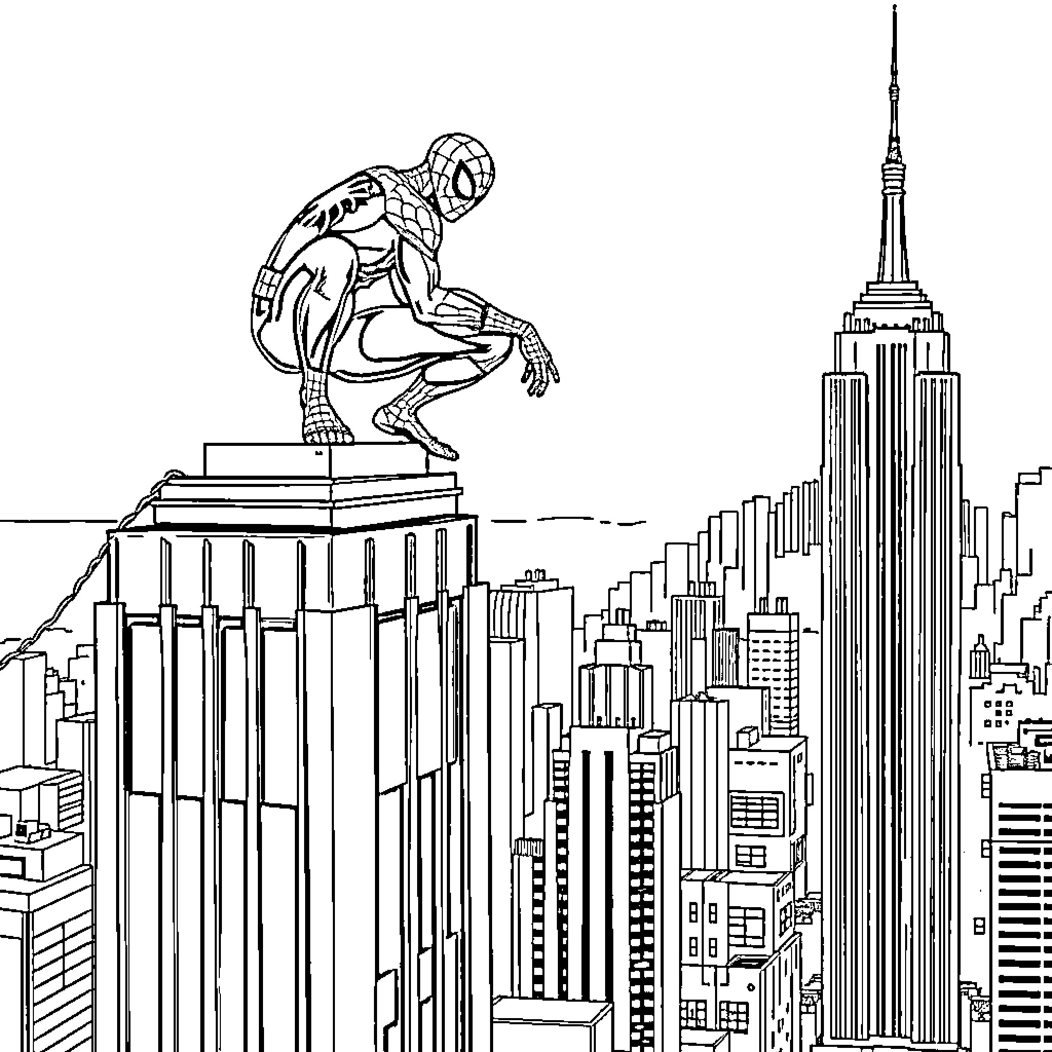 Spiderman overlooking the New York City skyline Coloring Page (free black-and-white line drawing printable PDF for all, from beginners to advanced learners, including children, teens, adults, and seniors)