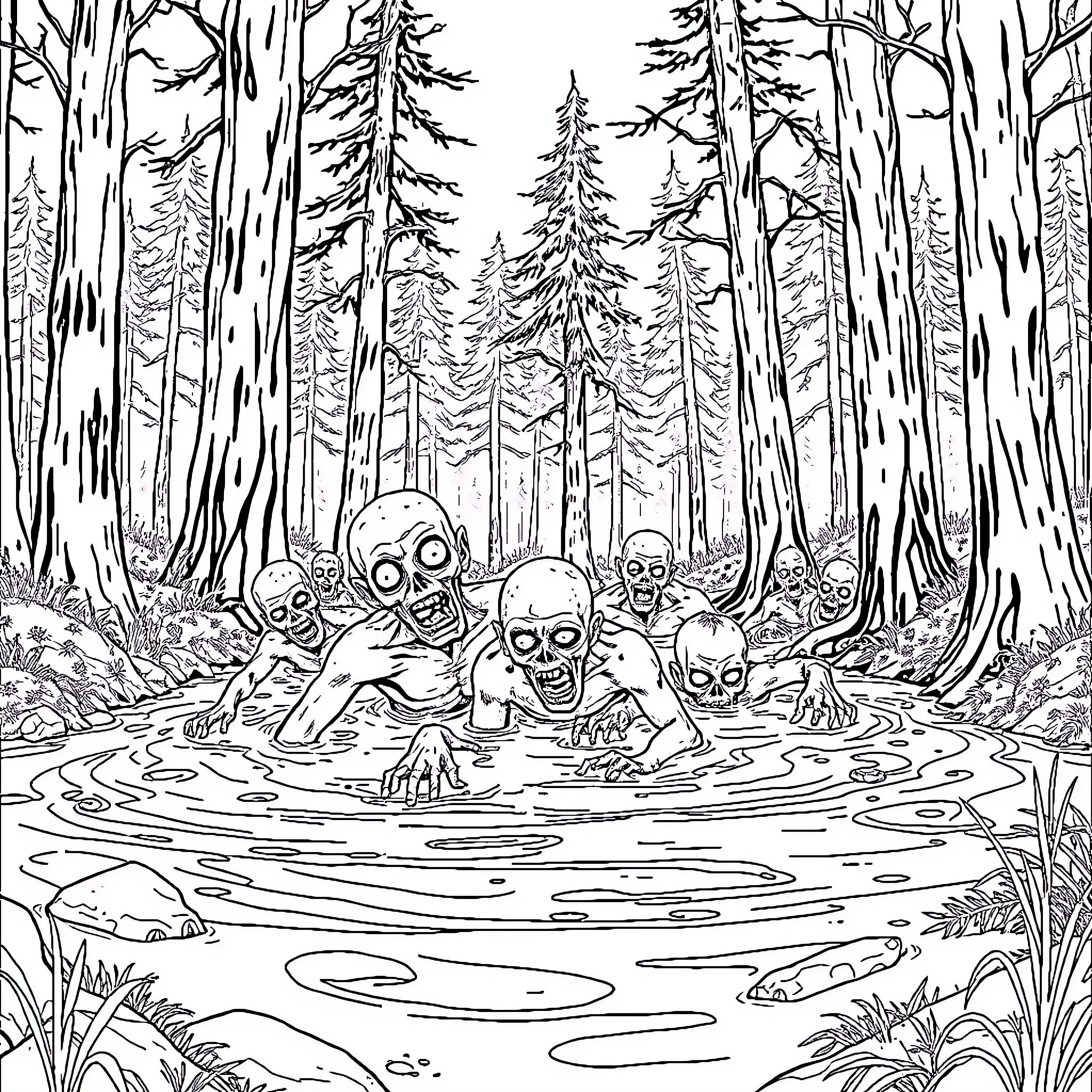 Zombie Creatures Frolicking in the Enchanted Forest Coloring Page (free black-and-white line drawing printable PDF for all, from beginners to advanced learners, including children, teens, adults, and seniors)